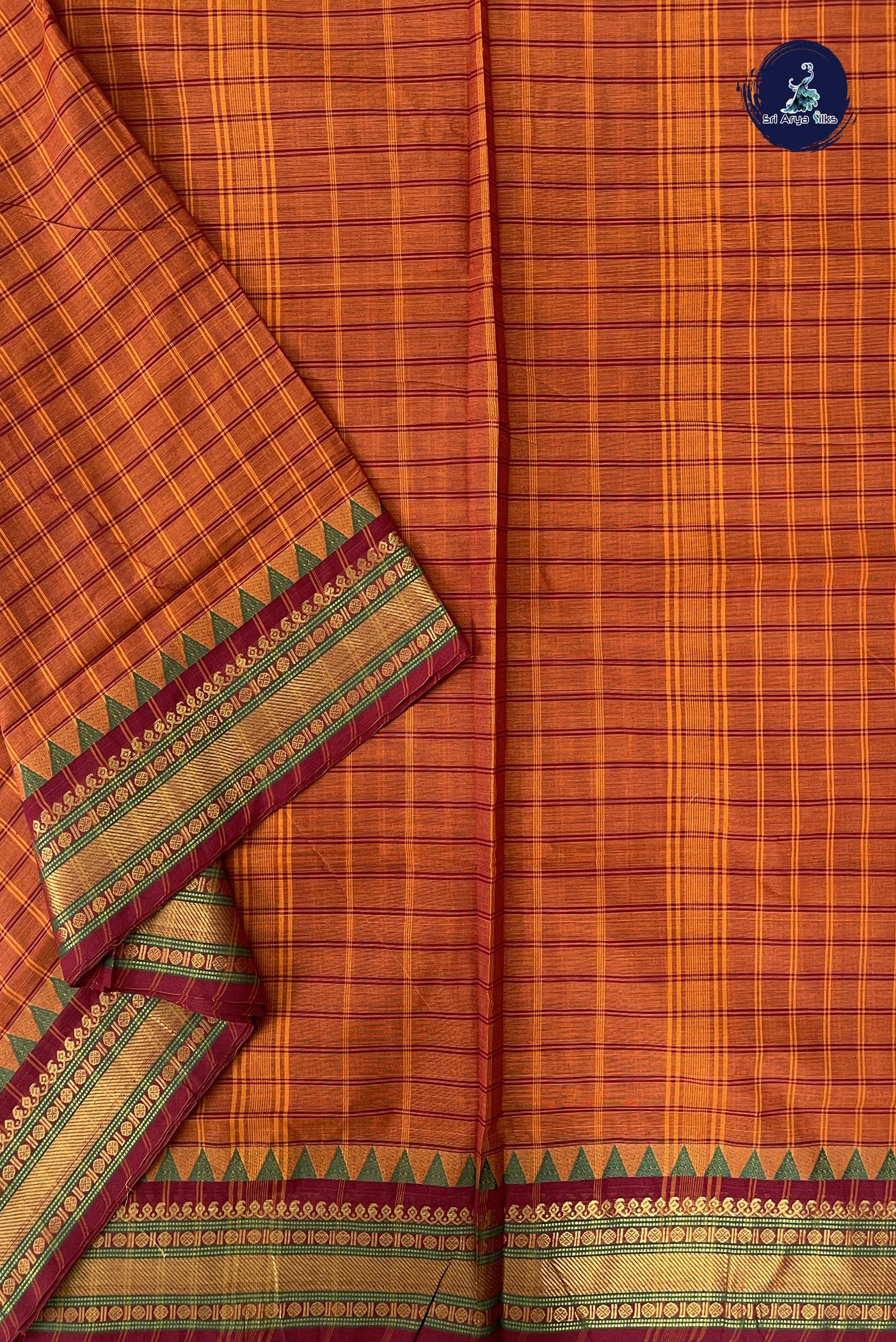 Rust Madisar Cotton Saree With Checked Pattern