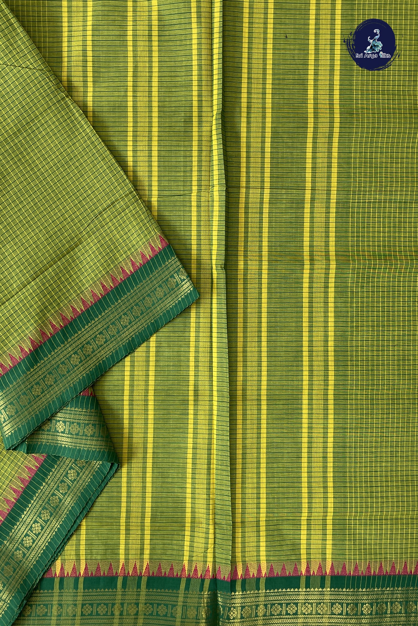 Light Green Madisar Cotton Saree With Checked Pattern