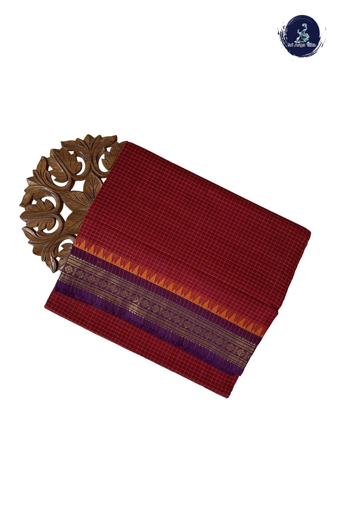Maroon Madisar Cotton Saree With Checked Pattern