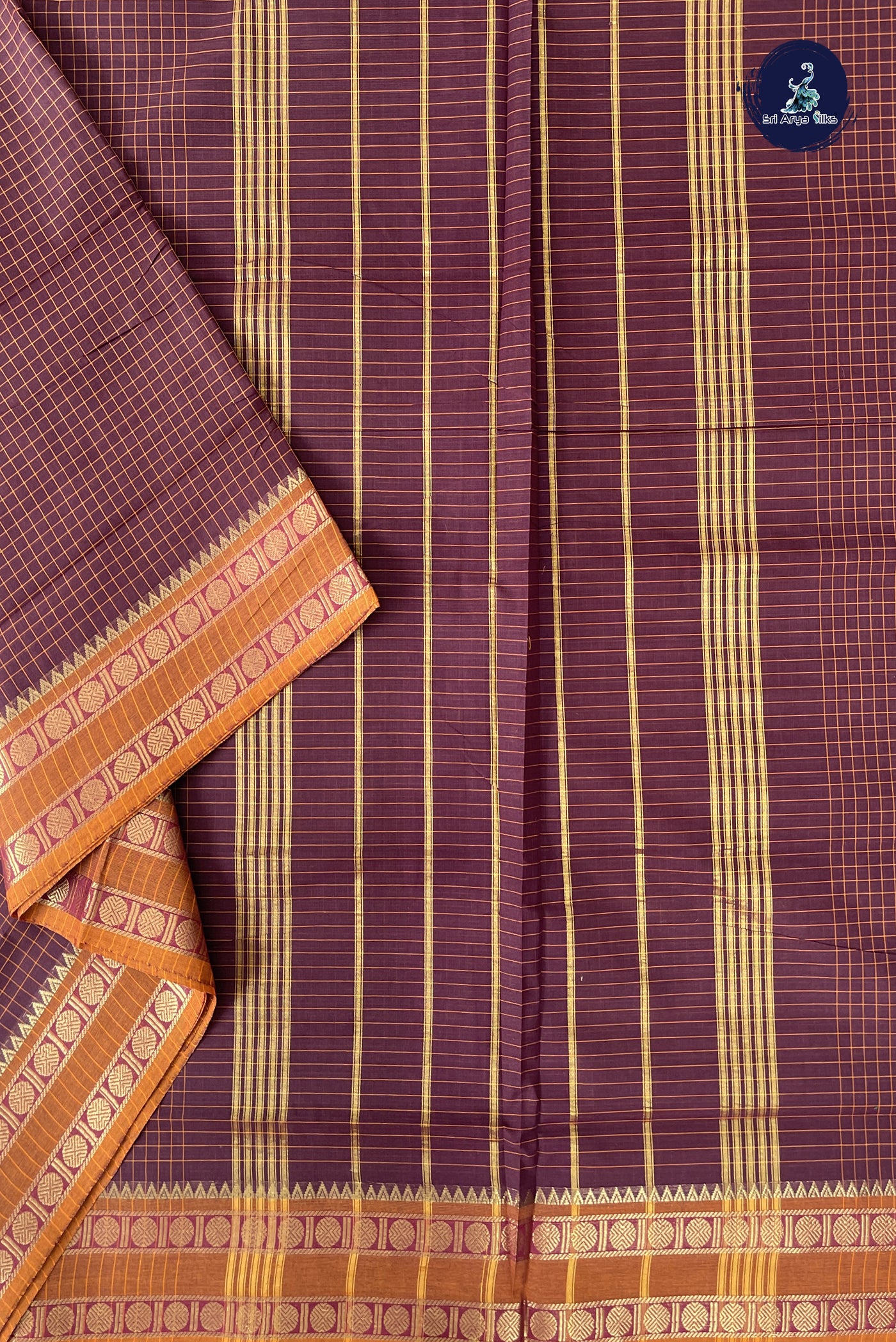 Coffee Brown Madisar Cotton Saree With Checked Pattern
