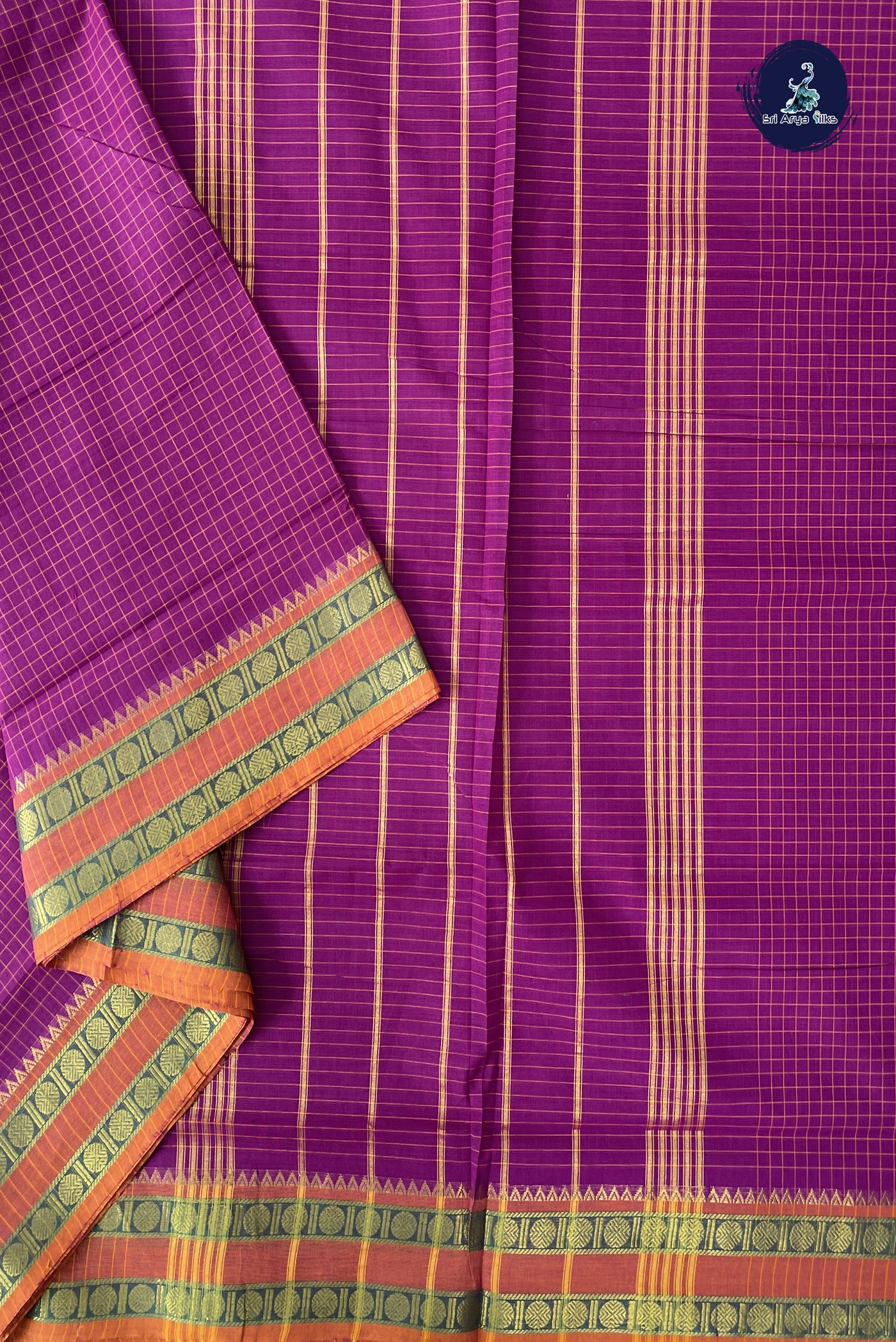 Purple Madisar Cotton Saree With Checked Pattern