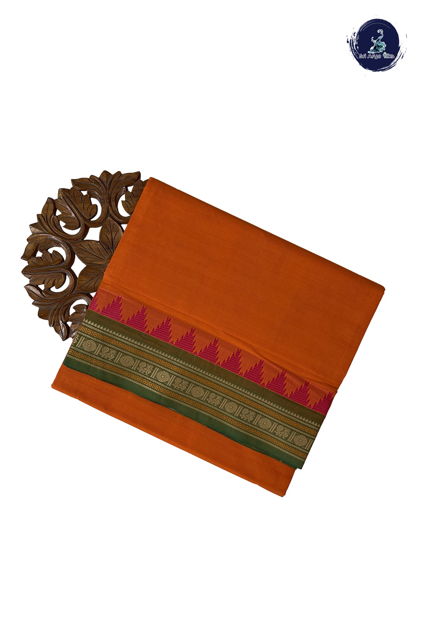 Yellowish Orange Madisar Cotton Saree With Plain Pattern