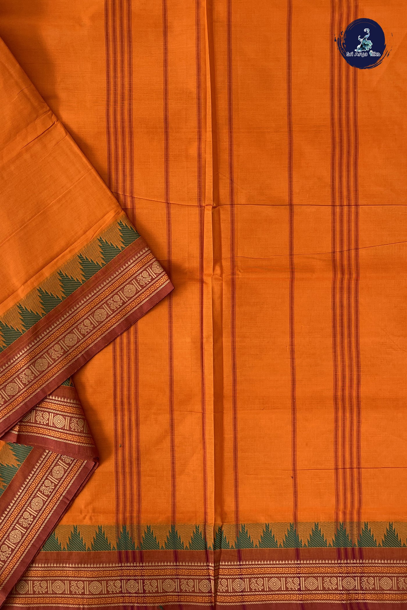 Yellowish Orange Madisar Cotton Saree With Plain Pattern