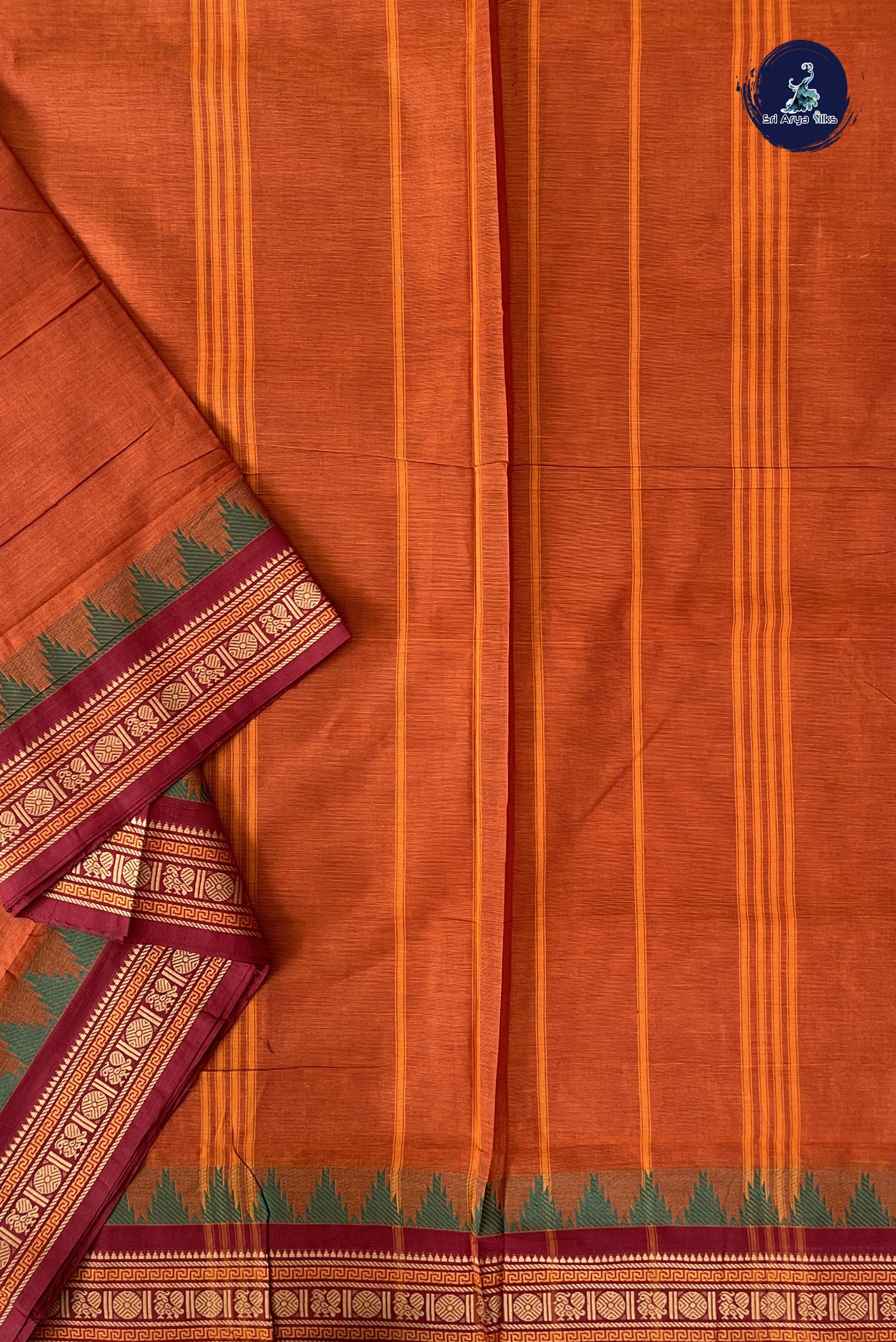 Rust Madisar Cotton Saree With Plain Pattern