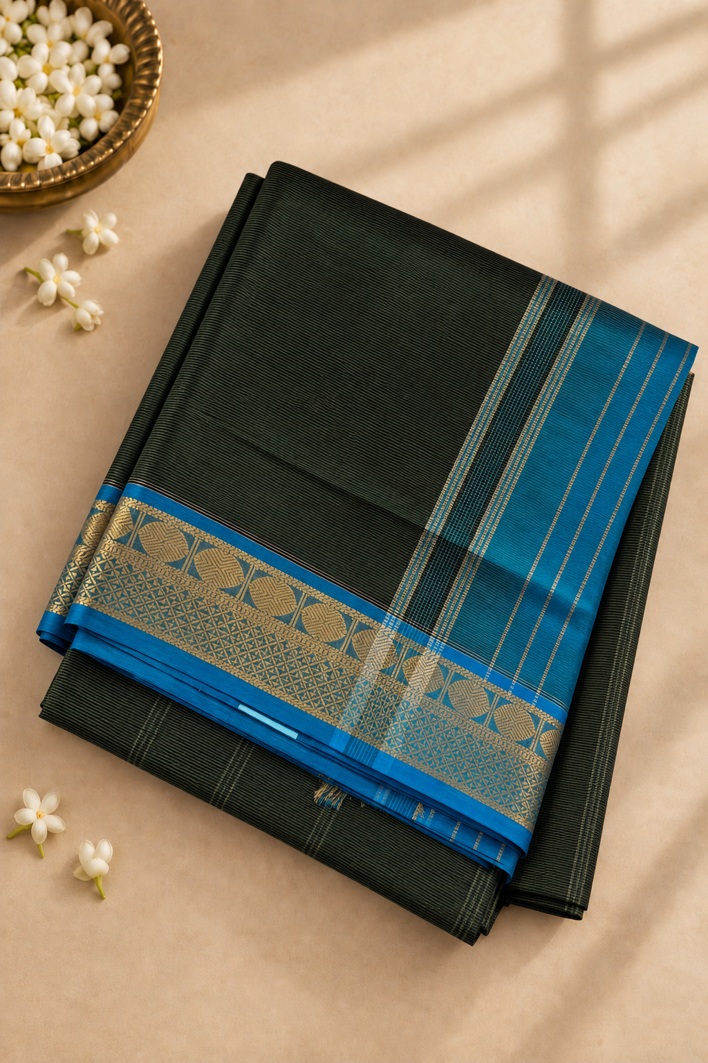 Bottle Green Madisar Silk Cotton Saree With Vaira Oosi Pattern