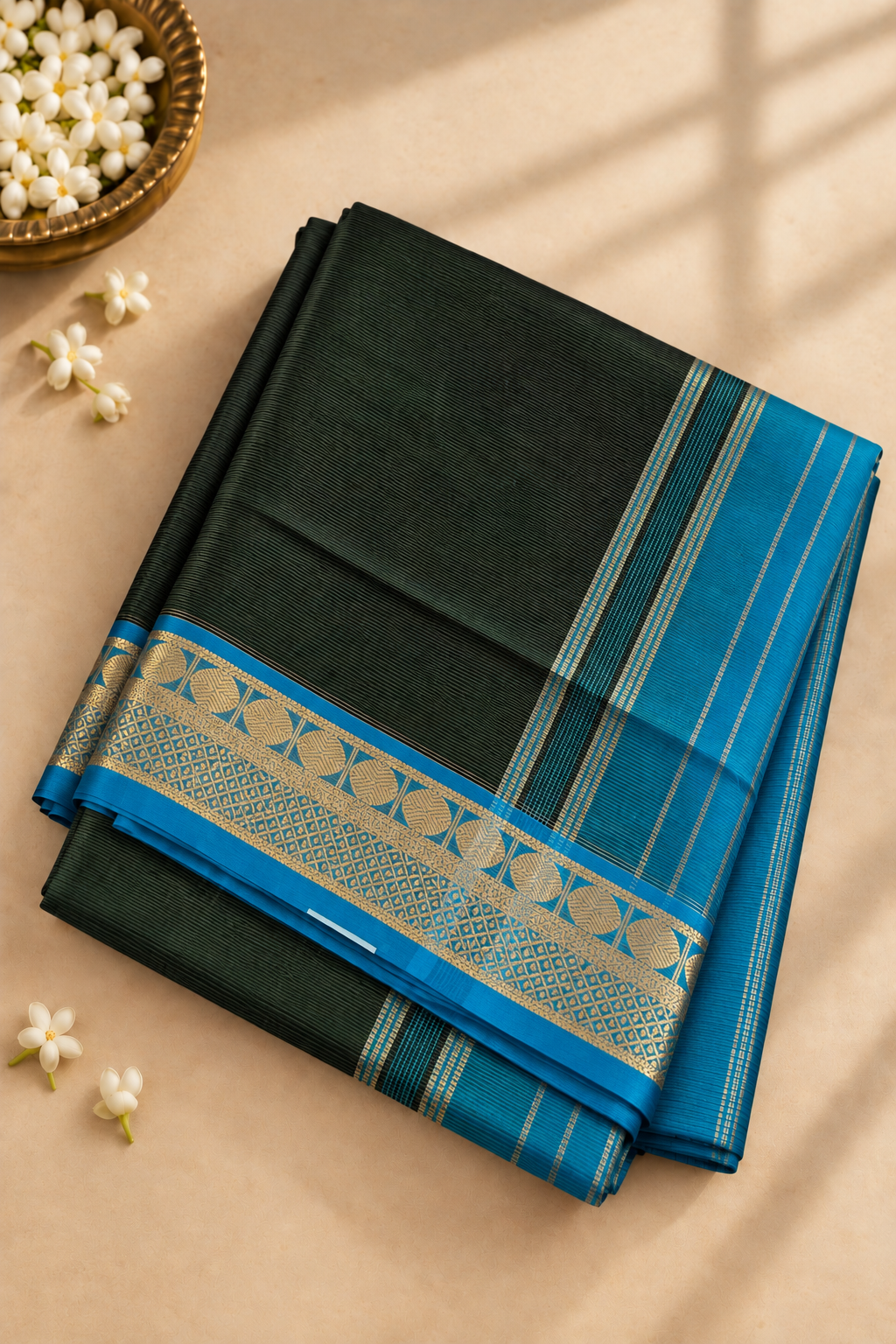 Bottle Green Madisar Silk Cotton Saree With Vaira Oosi Pattern