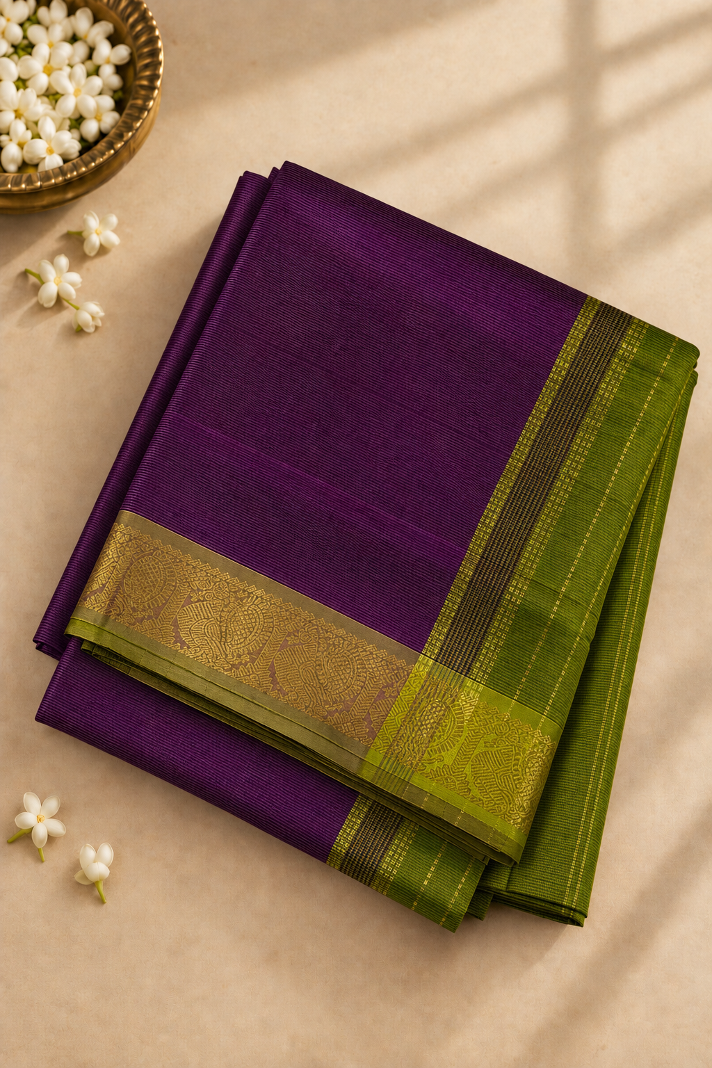 Purple Madisar Silk Cotton Saree With Vaira Oosi Pattern