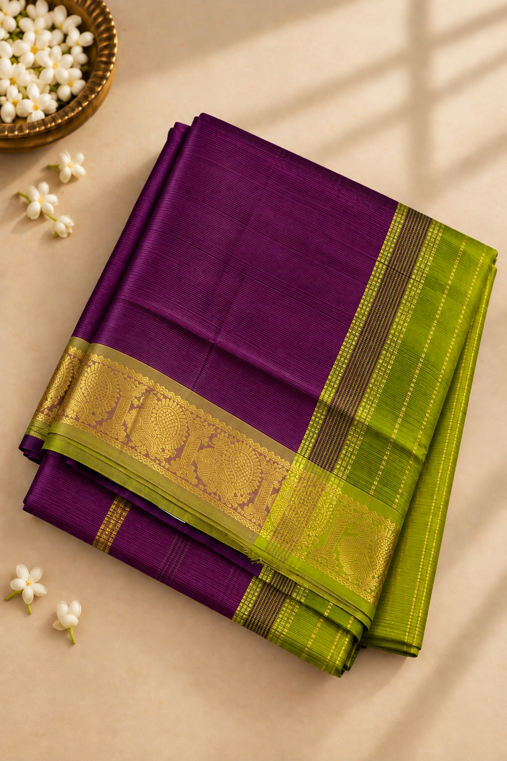 Purple Madisar Silk Cotton Saree With Vaira Oosi Pattern