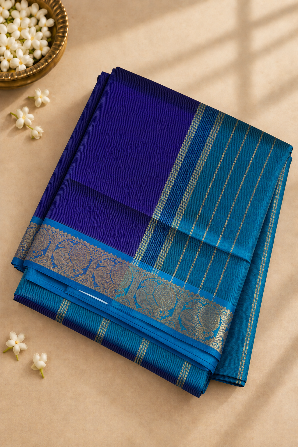 MS Blue Madisar Silk Cotton Saree With Vaira Oosi Pattern