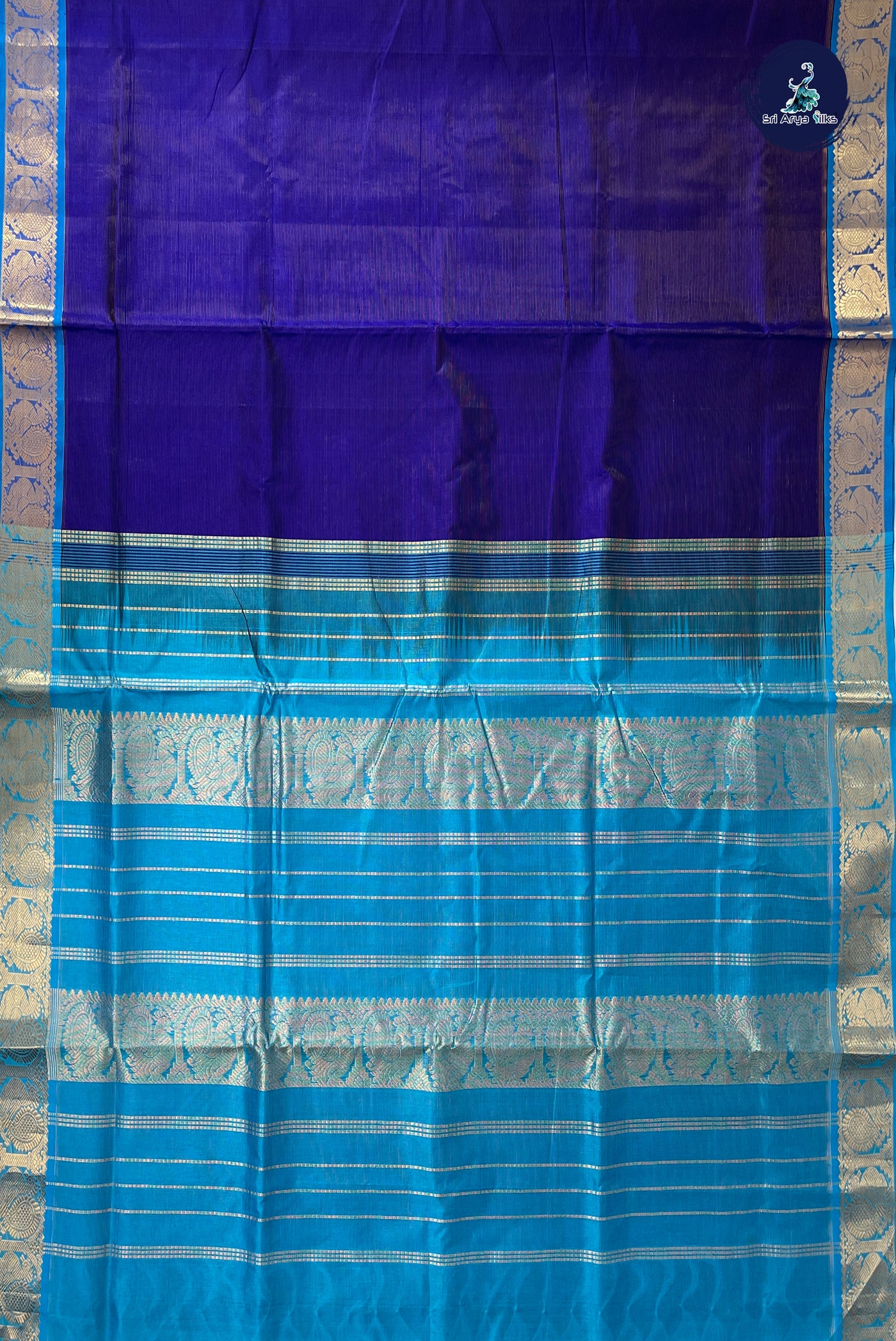MS Blue Madisar Silk Cotton Saree With Vaira Oosi Pattern