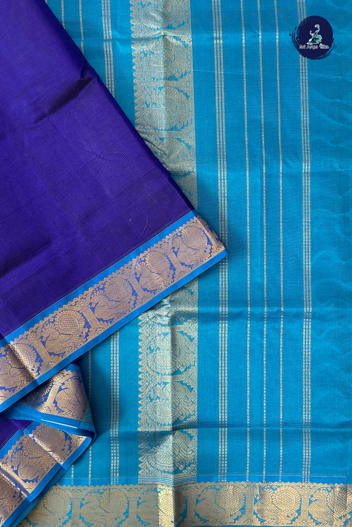 MS Blue Madisar Silk Cotton Saree With Vaira Oosi Pattern