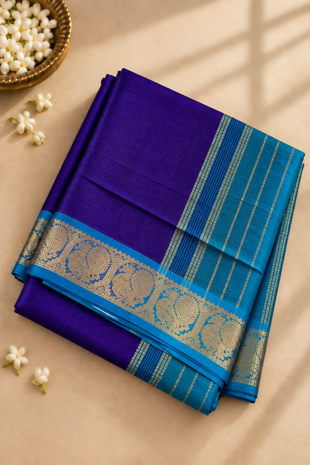 MS Blue Madisar Silk Cotton Saree With Vaira Oosi Pattern