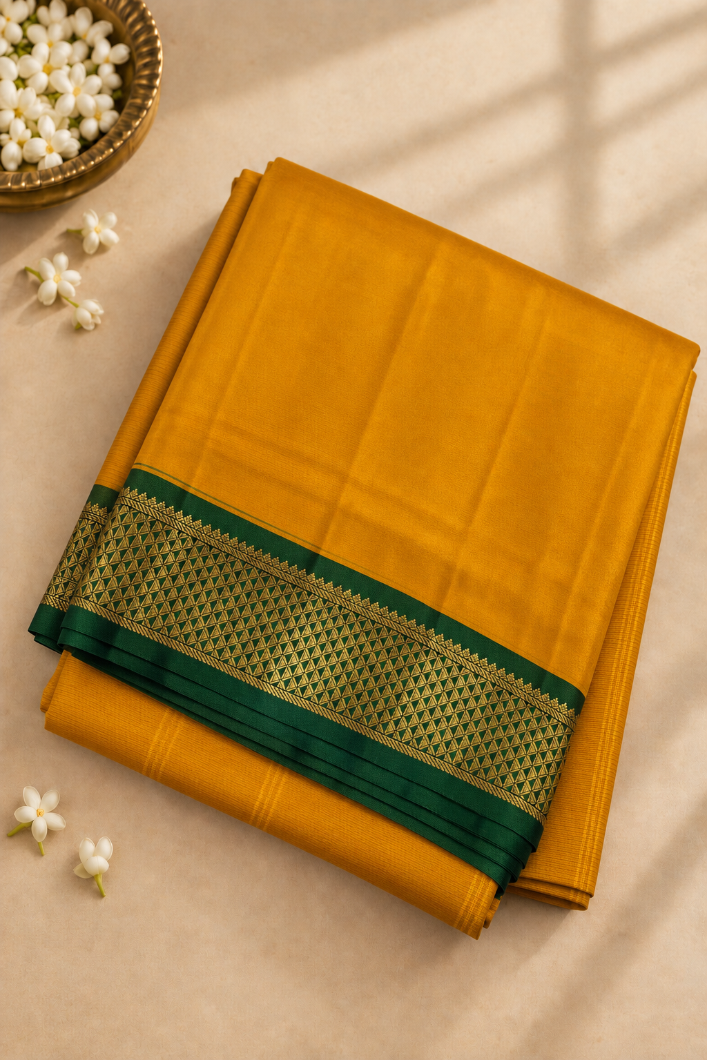 Mustard Yellow Madisar 10 Yards Silk Saree With Plain Pattern