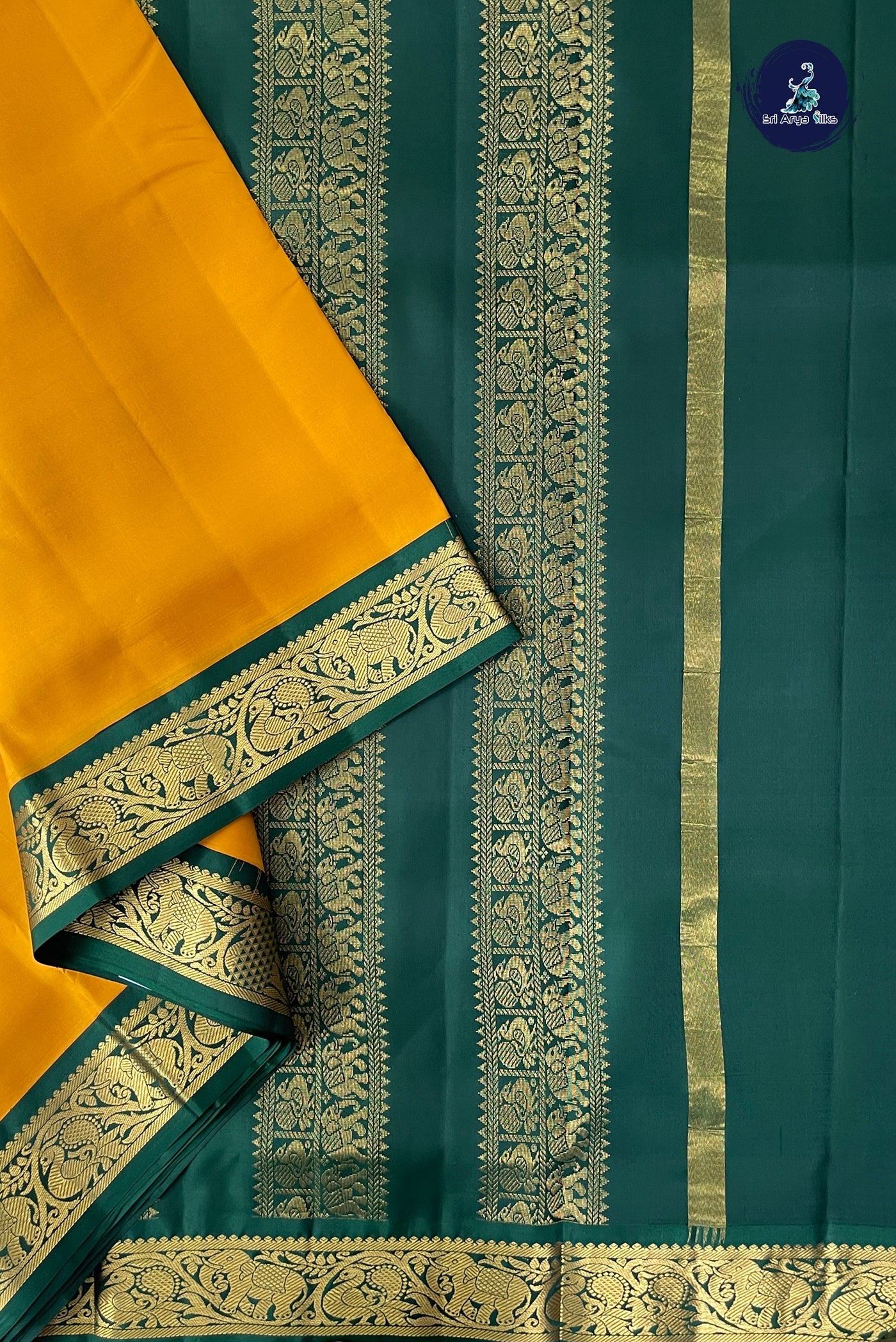 Mustard Yellow Madisar 10 Yards Silk Saree With Plain Pattern
