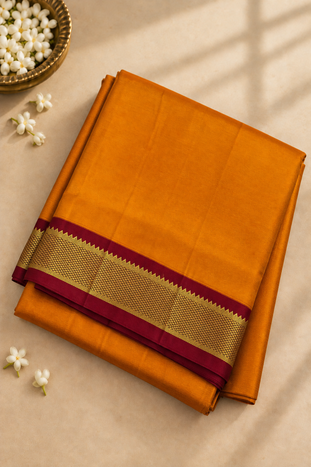 Mango Yellow Madisar 10 Yards Silk Saree With Plain Pattern
