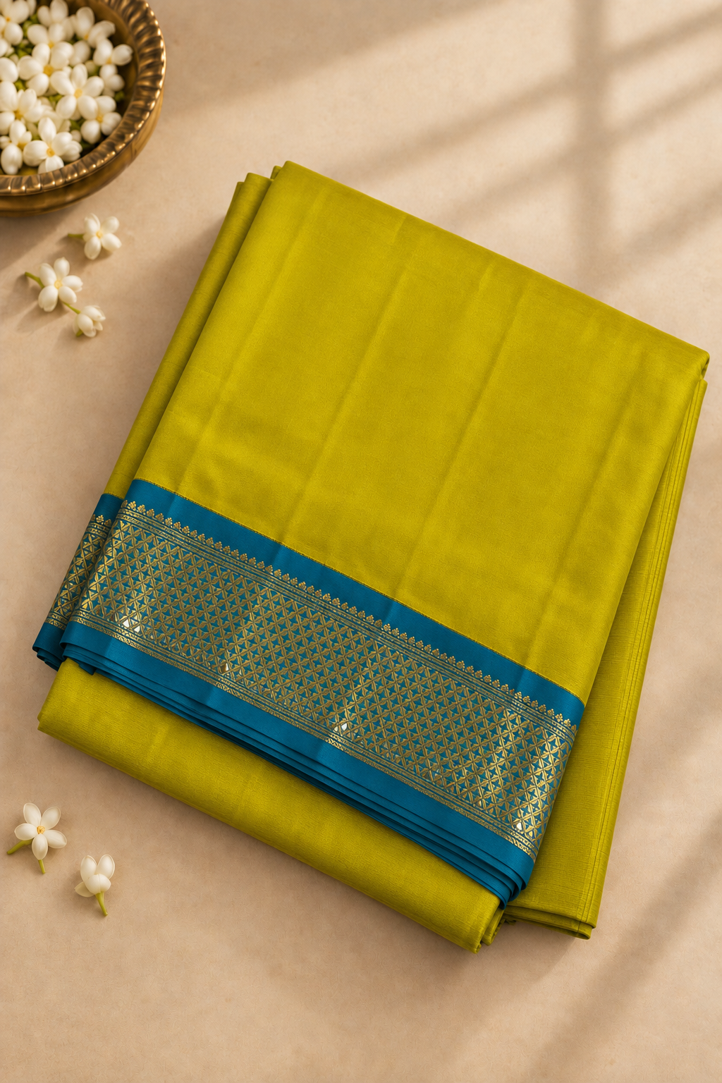 Lime Green Madisar 10 Yards Silk Saree With Plain Pattern