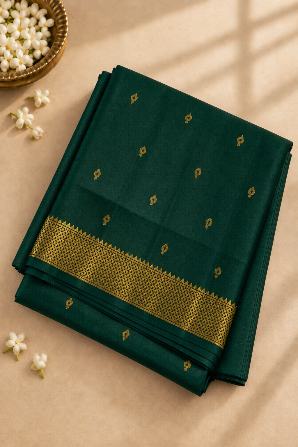 Bottle Green Madisar 10 Yards Silk Saree With Zari Buttas Pattern