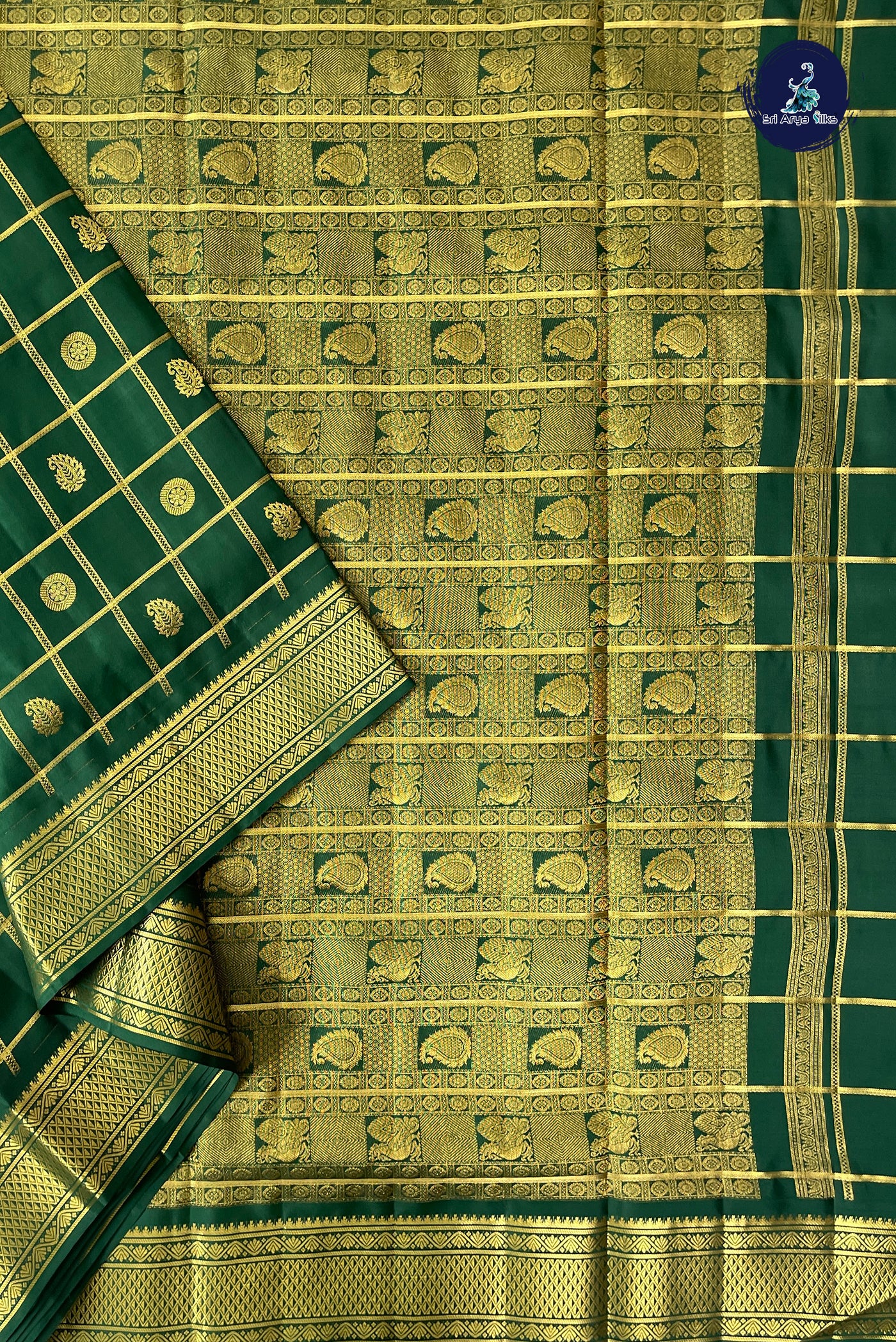 Bottle Green Madisar 10 Yards Silk Saree With Zari Checked Pattern