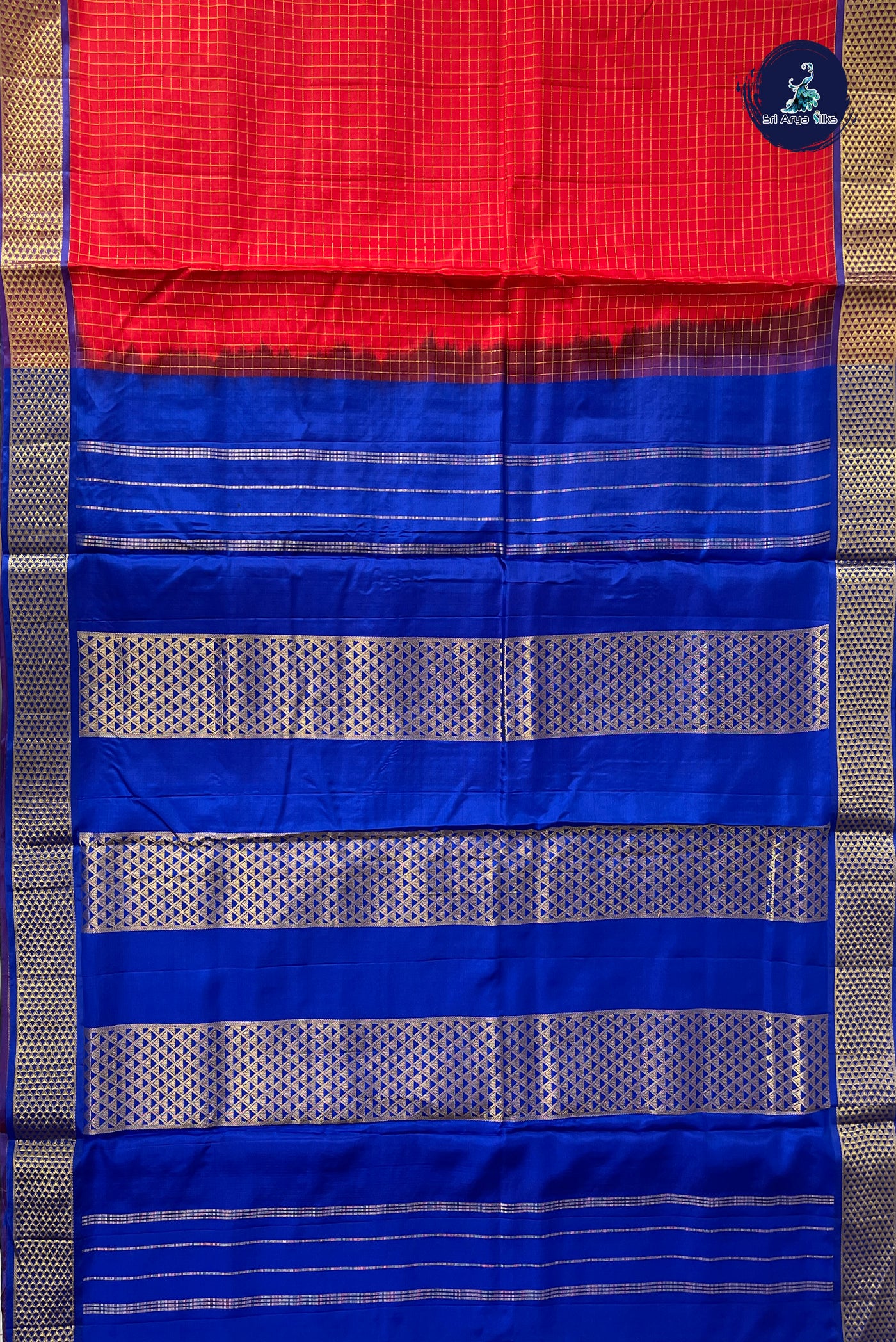 Red Madisar 10 Yards Silk Saree With Zari Checked Pattern
