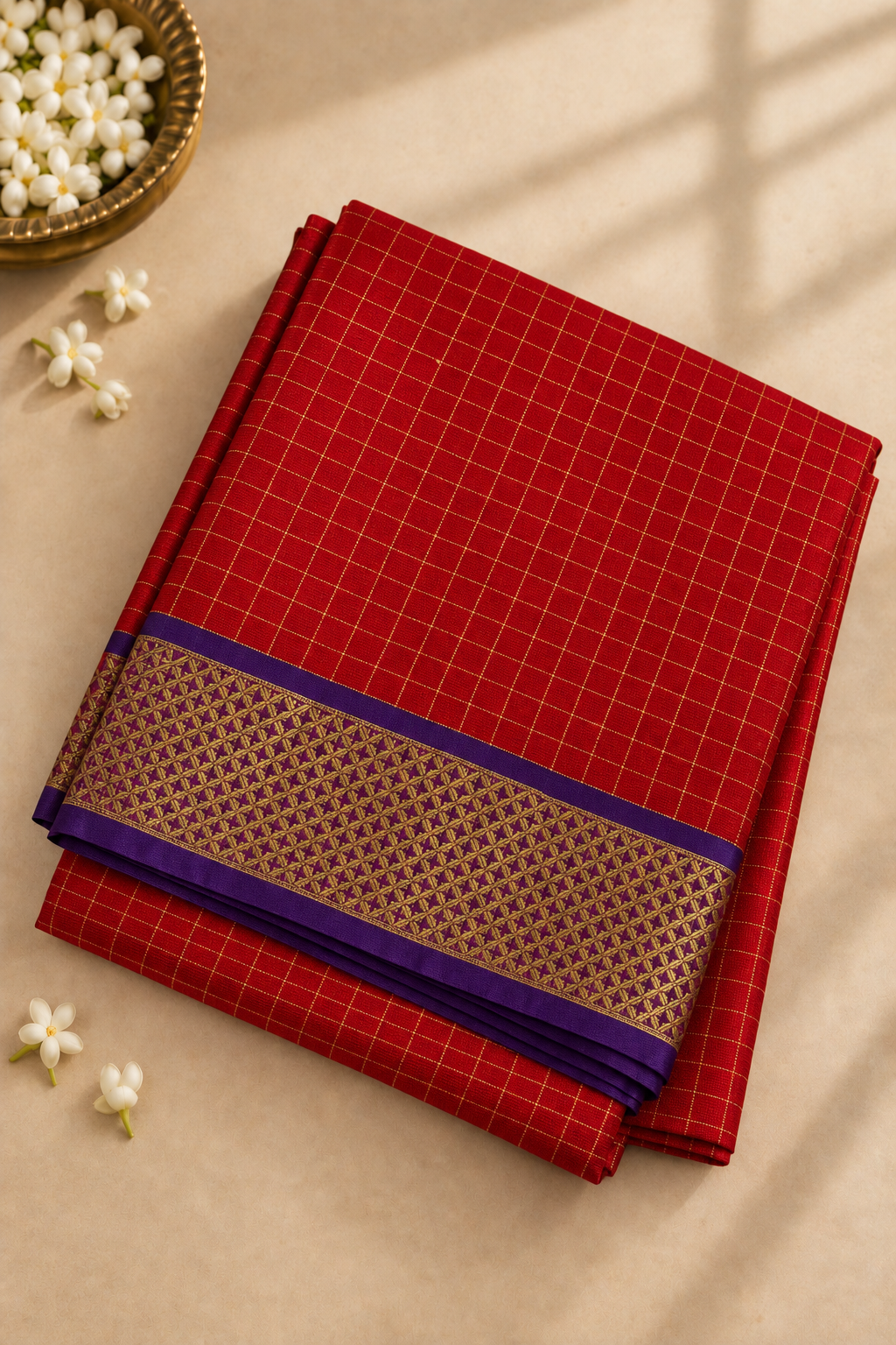 Red Madisar 10 Yards Silk Saree With Zari Checked Pattern
