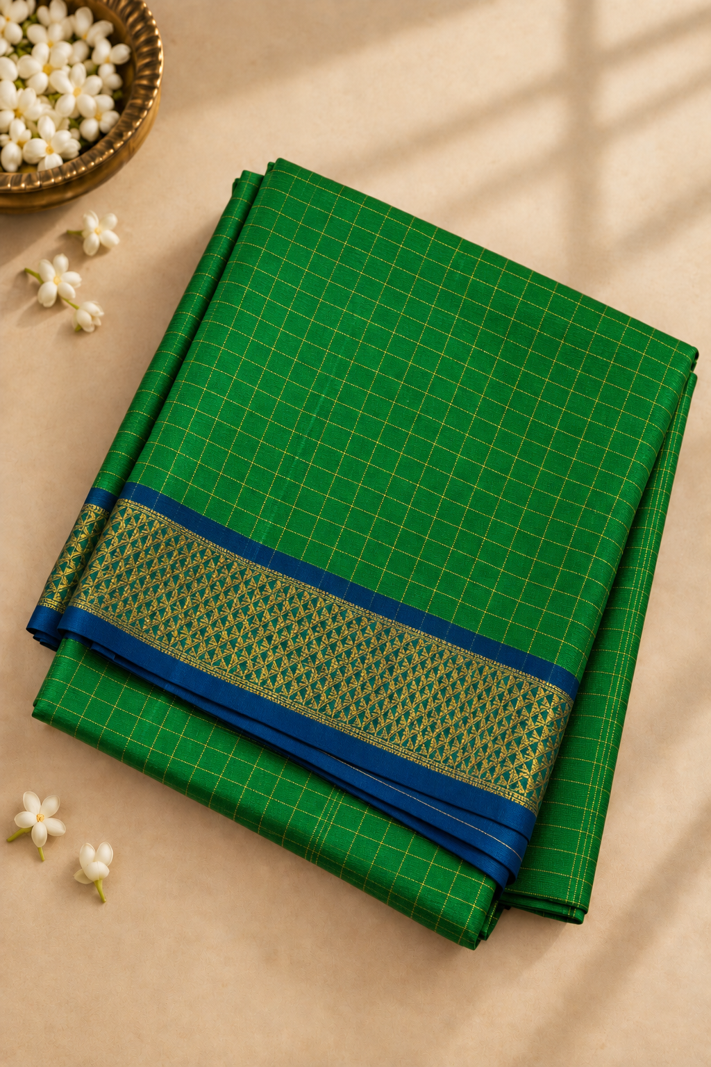 Light Green Madisar 10 Yards Silk Saree With Zari Checked Pattern