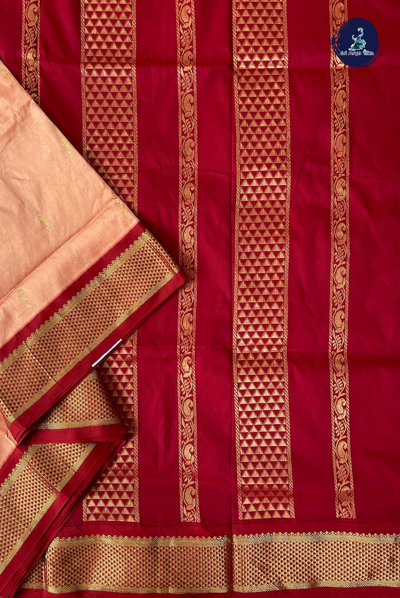 Light Peach Madisar Semi Silk Saree With Zari Buttas Pattern