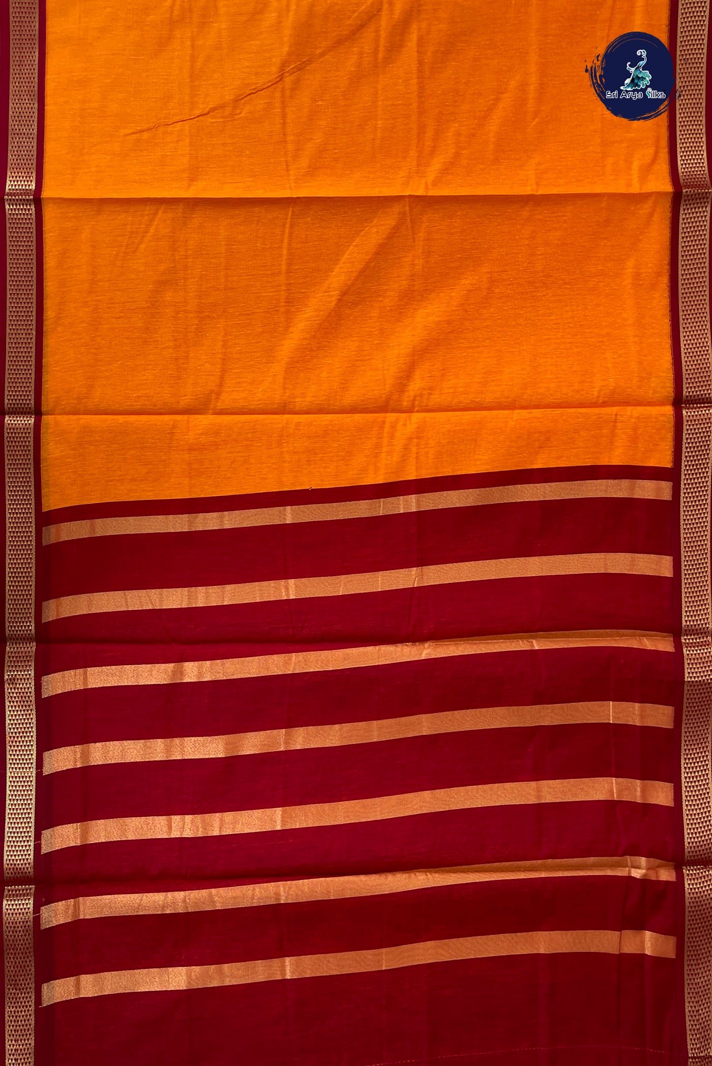 Yellowish Orange Madisar Semi Silk Cotton Saree With Plain Pattern