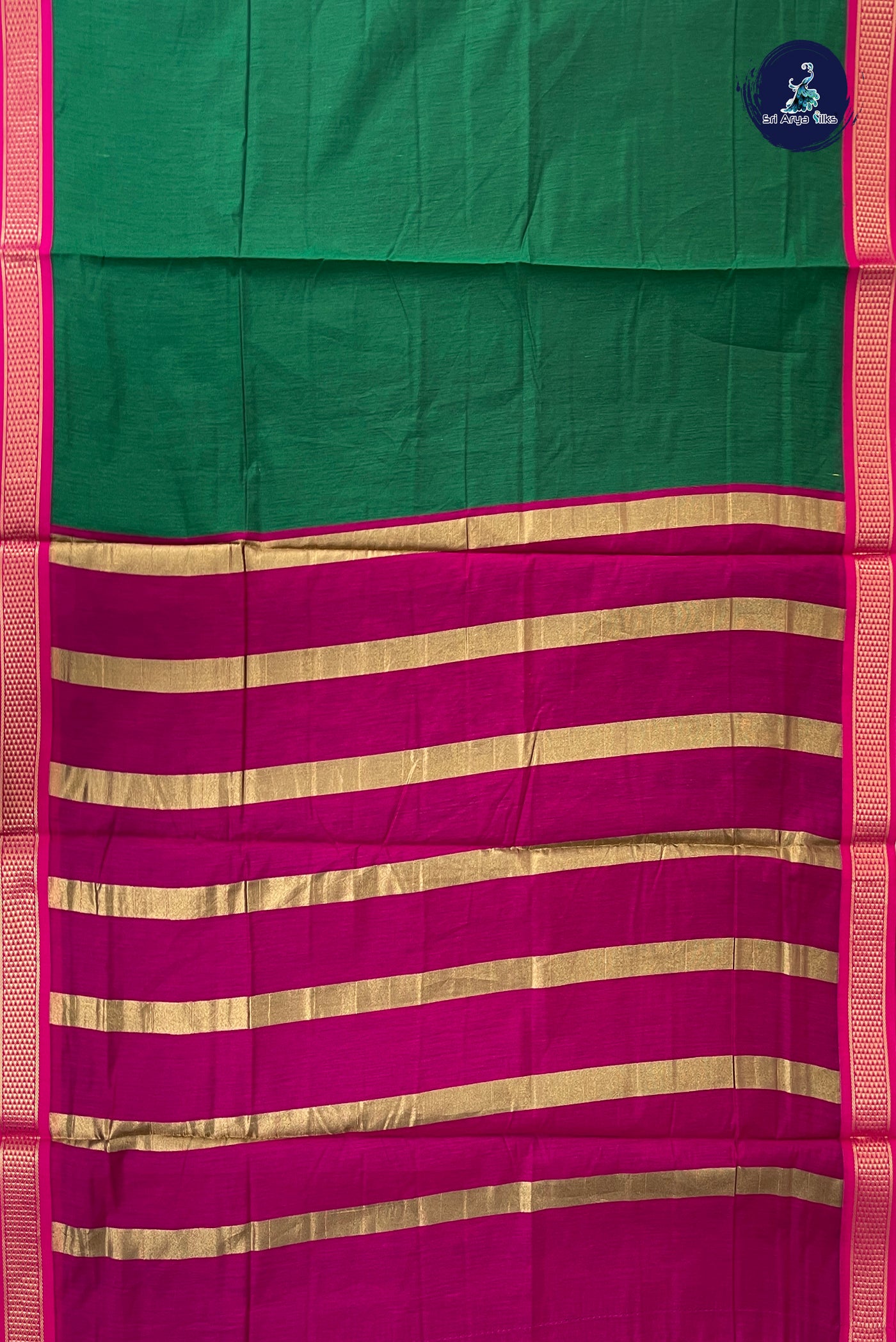 Green Madisar Semi Silk Cotton Saree With Plain Pattern