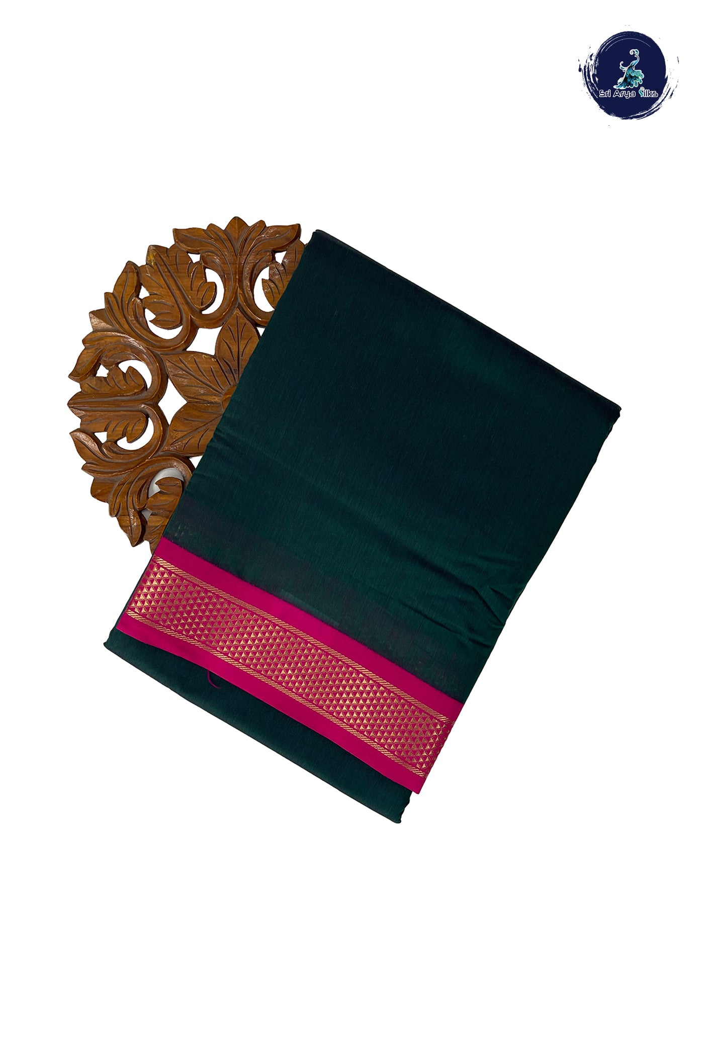 Dark Green Madisar Semi Silk Cotton Saree With Plain Pattern