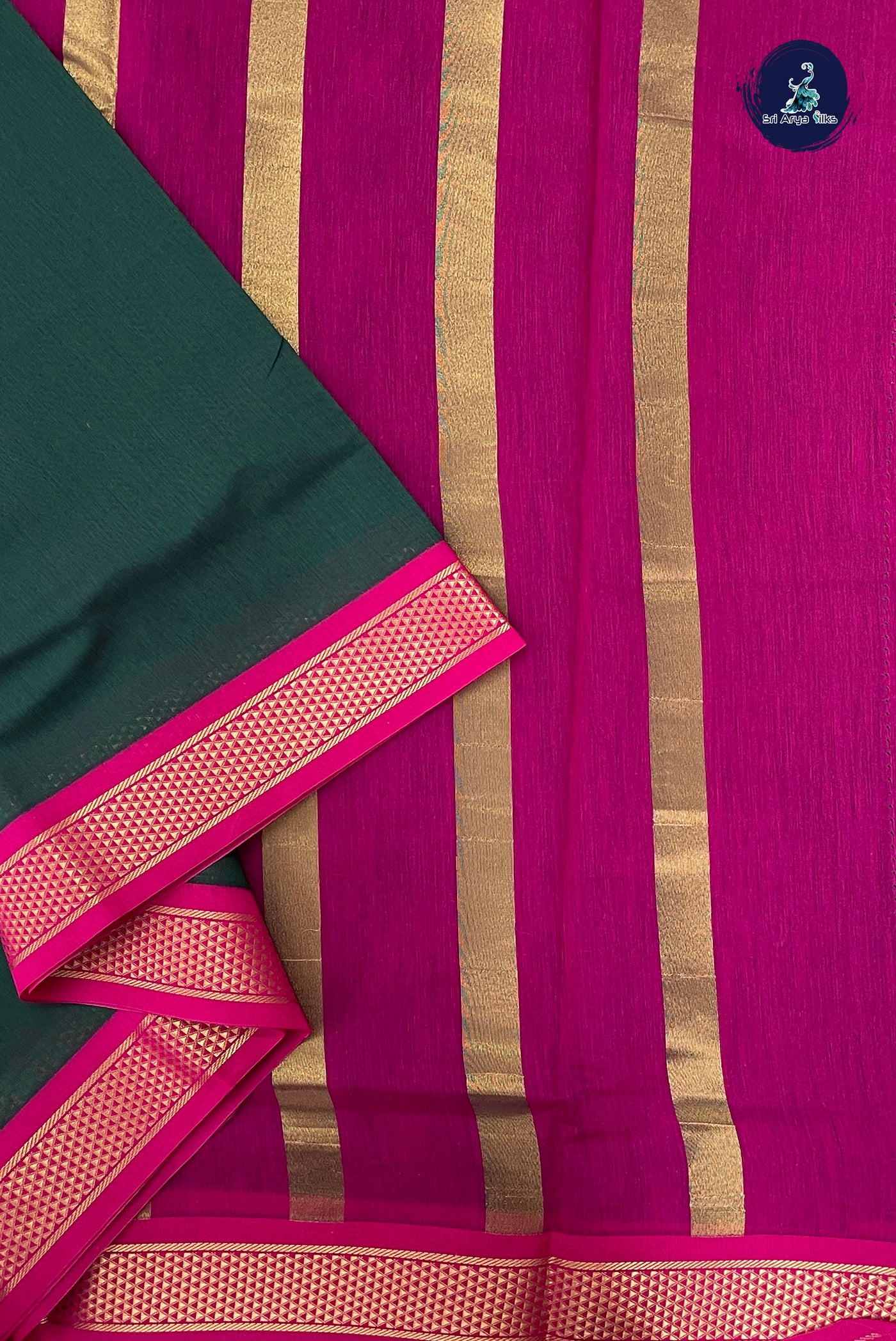 Dark Green Madisar Semi Silk Cotton Saree With Plain Pattern