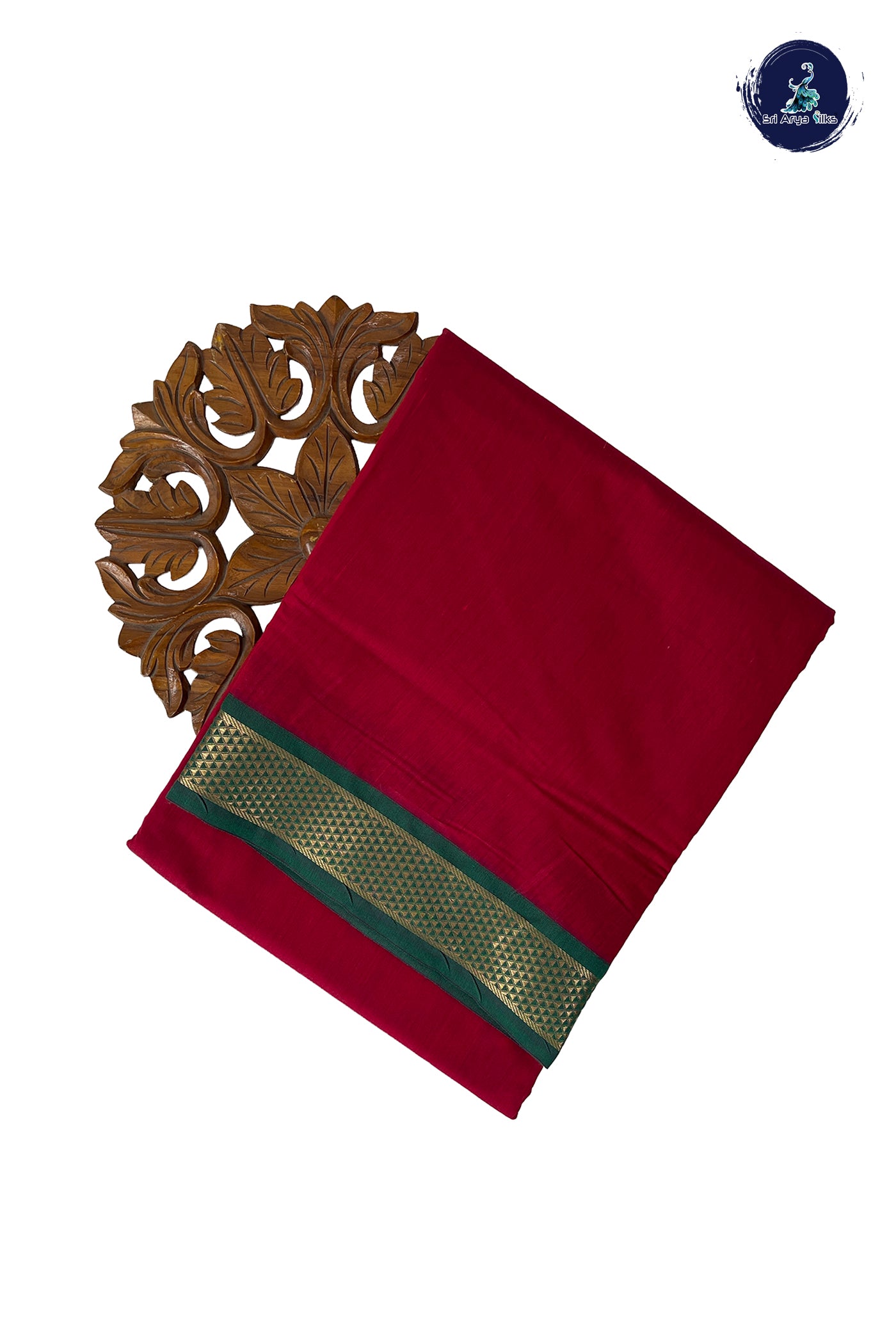 Red Madisar Semi Silk Cotton Saree With Plain Pattern