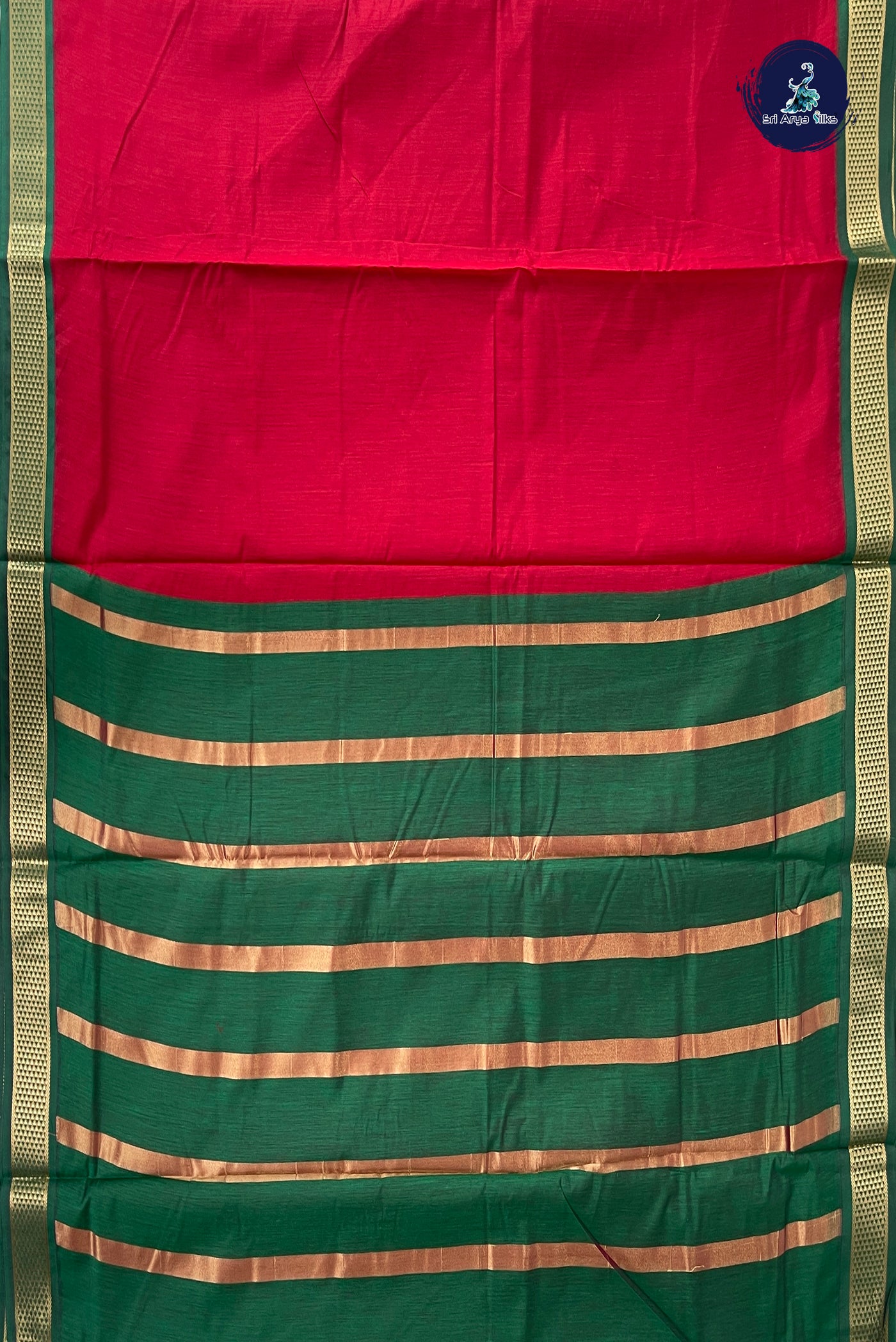 Red Madisar Semi Silk Cotton Saree With Plain Pattern