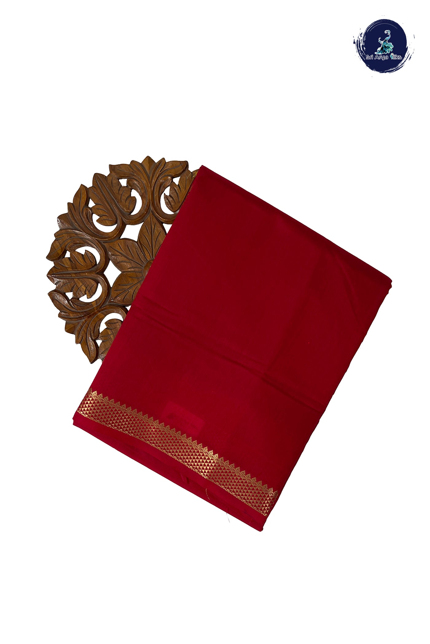 Red Madisar Semi Silk Cotton Saree With Plain Pattern