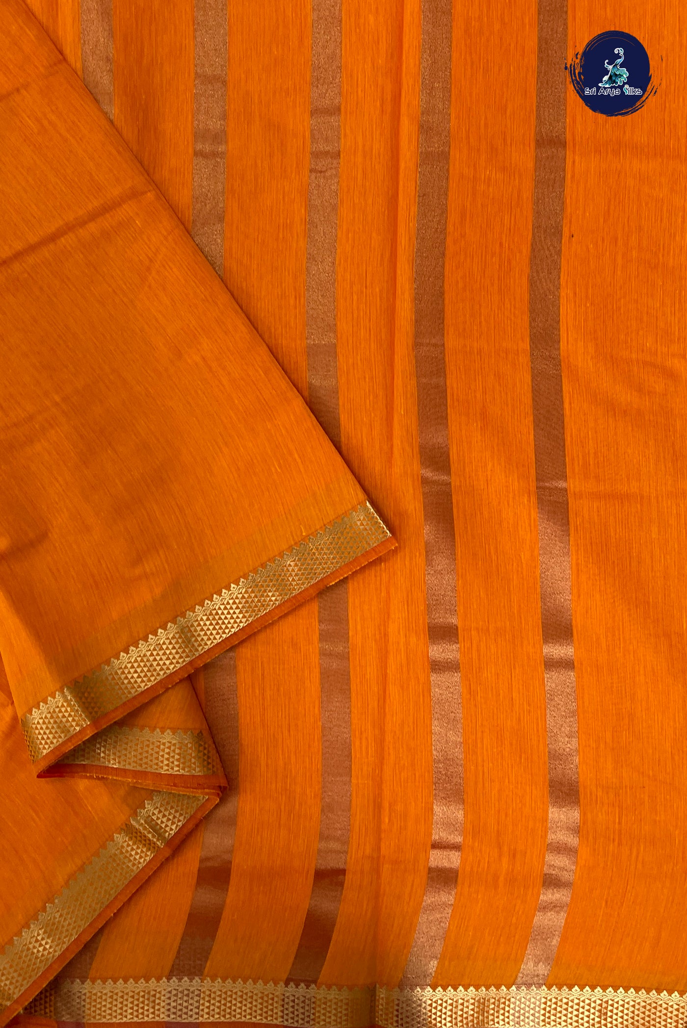Yellowish Orange Madisar Semi Silk Cotton Saree With Plain Pattern