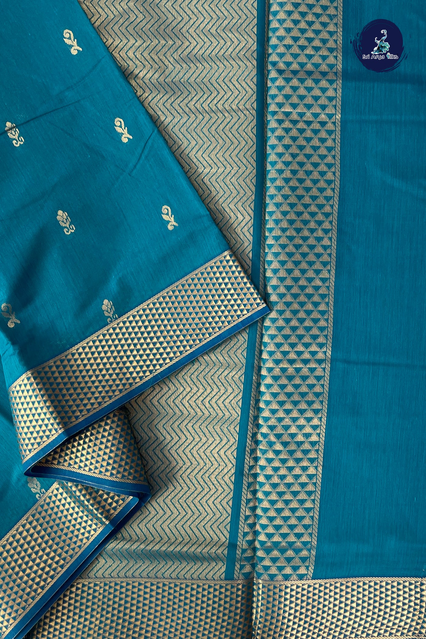 Sapphire Green Madisar Semi Silk Cotton Saree With Zari Buttas Pattern