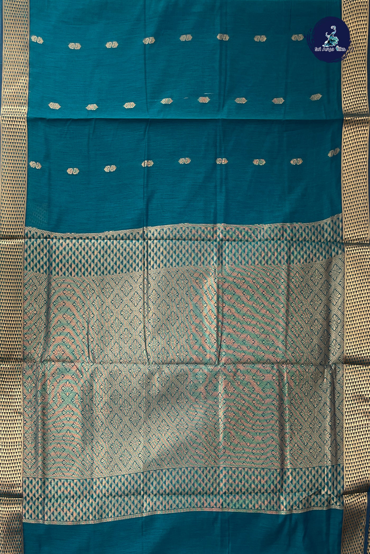 Peacock Green Madisar Semi Silk Cotton Saree With Zari Buttas Pattern