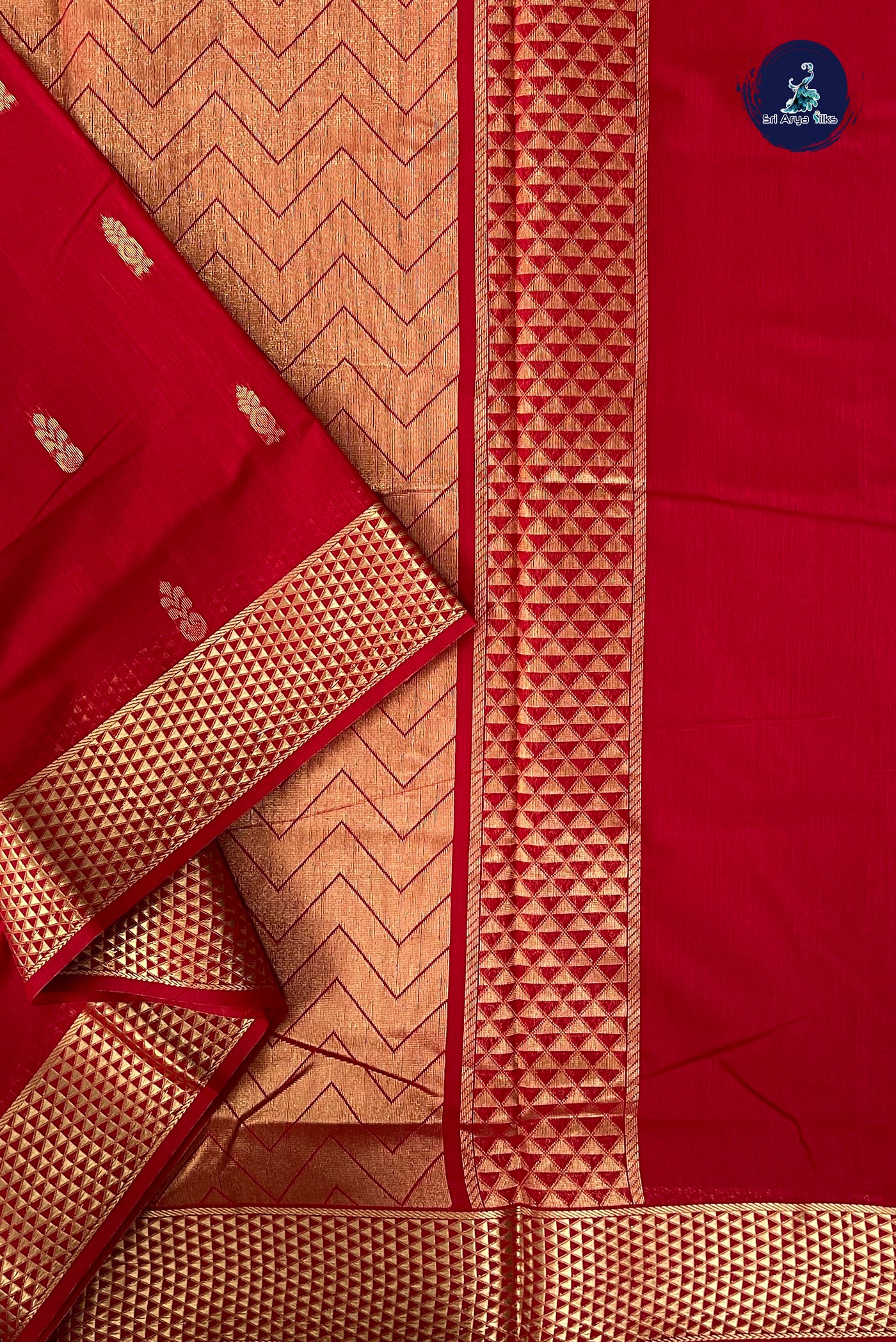 Red Madisar Semi Silk Cotton Saree With Zari Buttas Pattern