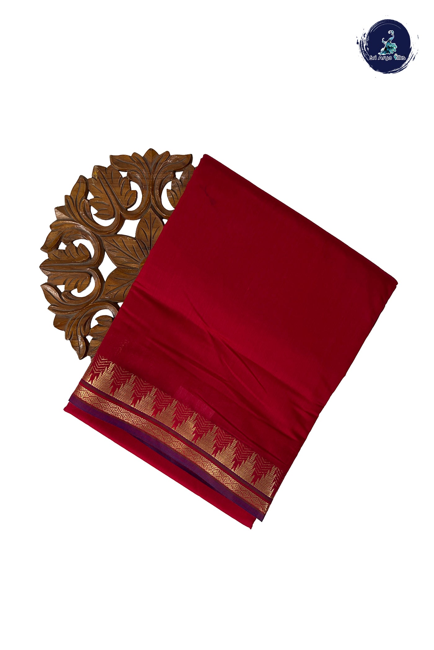 Red Madisar Semi Silk Cotton Saree With Plain Pattern