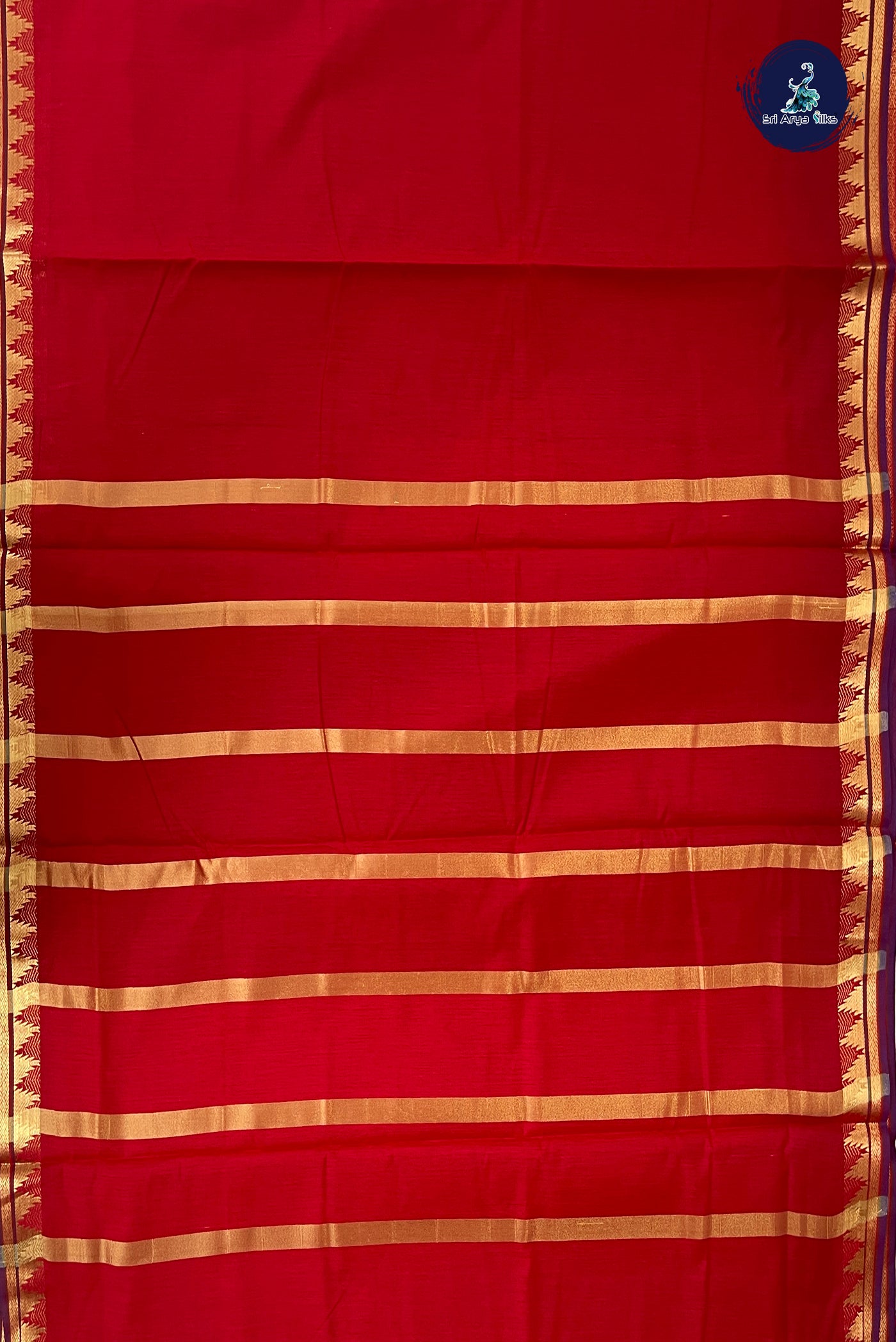 Red Madisar Semi Silk Cotton Saree With Plain Pattern