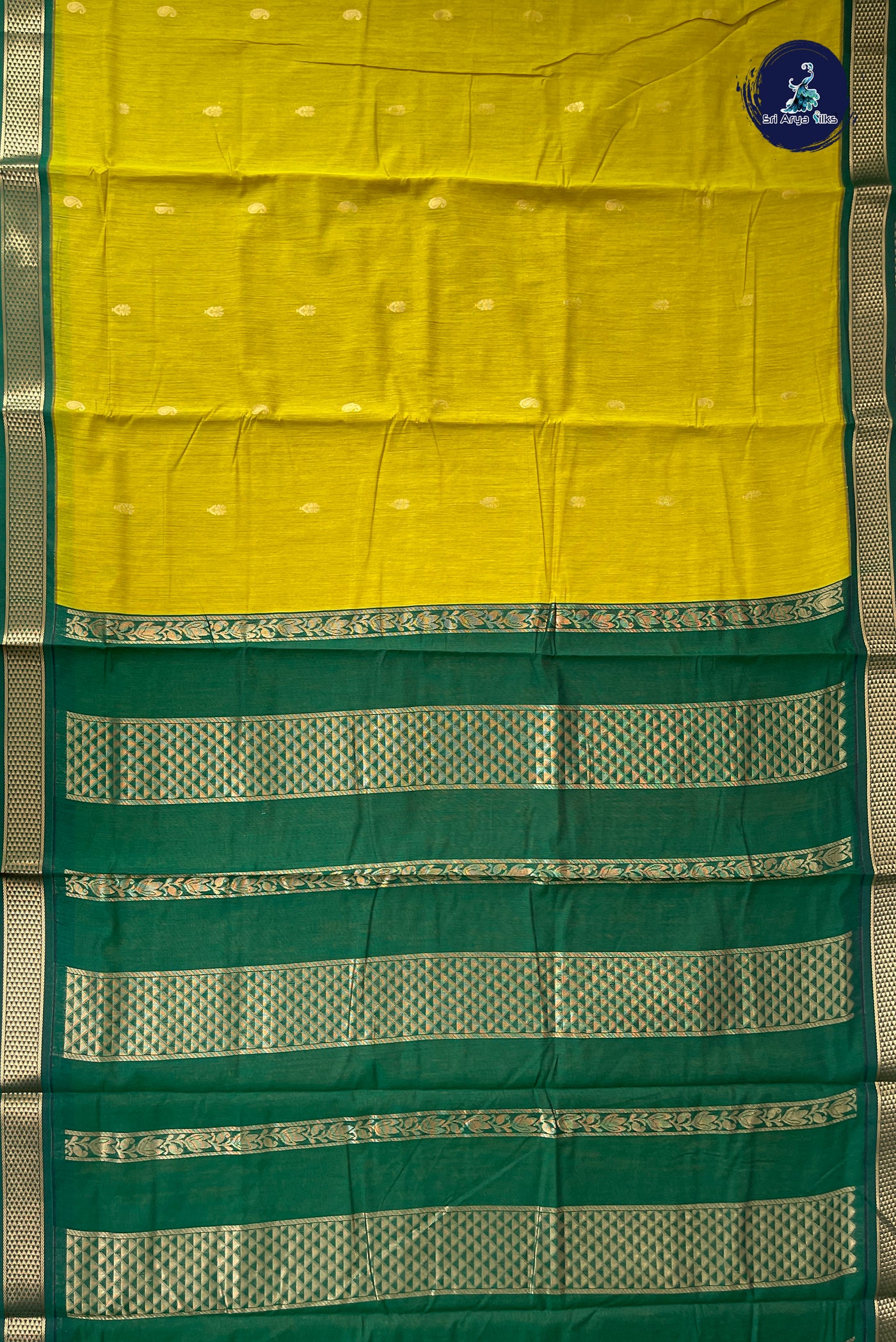 Yellowish Green Madisar Semi Silk Cotton Saree With Zari Buttas Pattern