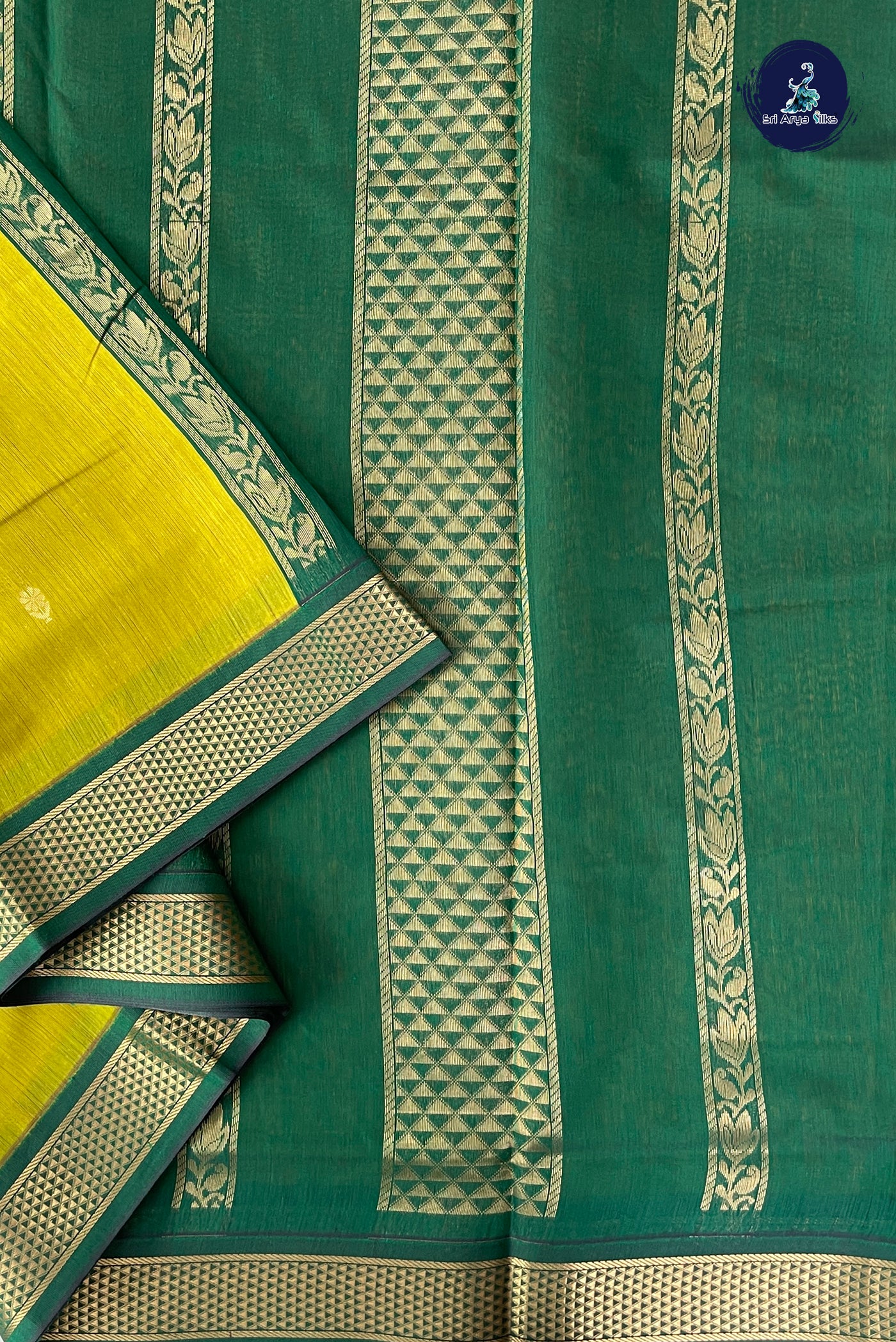 Yellowish Green Madisar Semi Silk Cotton Saree With Zari Buttas Pattern