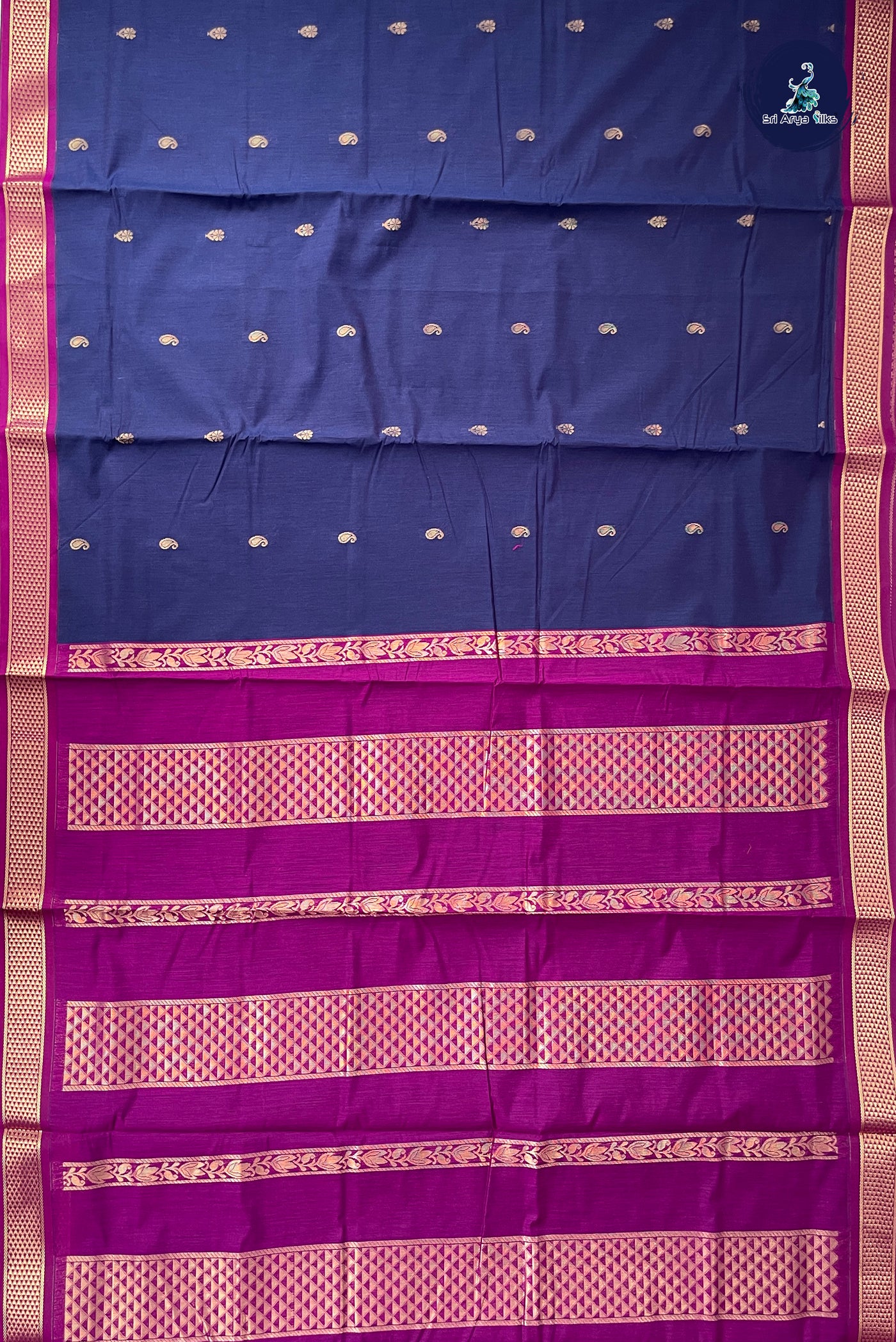 Navy Blue Madisar Semi Silk Cotton Saree With Zari Buttas Pattern
