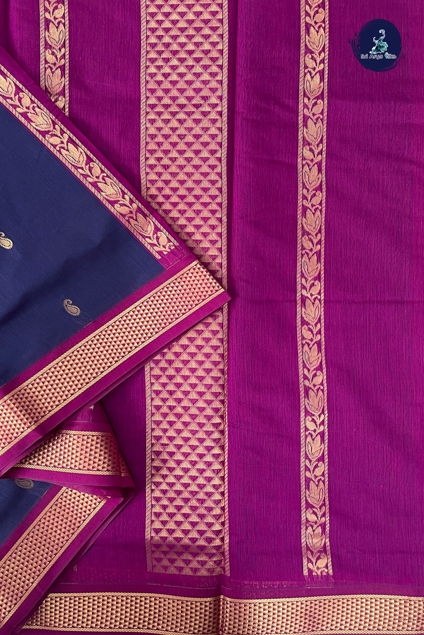 Navy Blue Madisar Semi Silk Cotton Saree With Zari Buttas Pattern