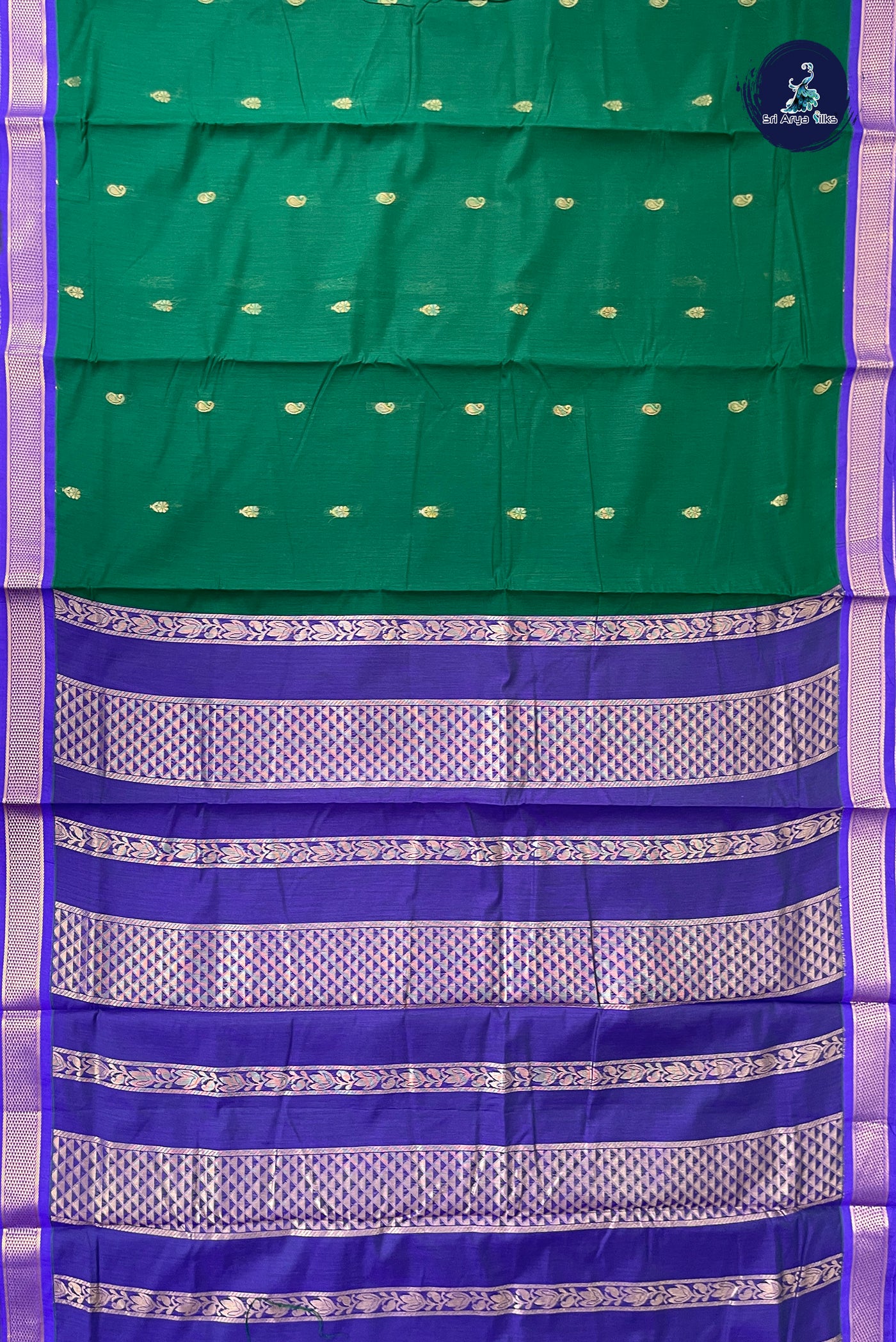Dark Green Madisar Semi Silk Cotton Saree With Zari Buttas Pattern