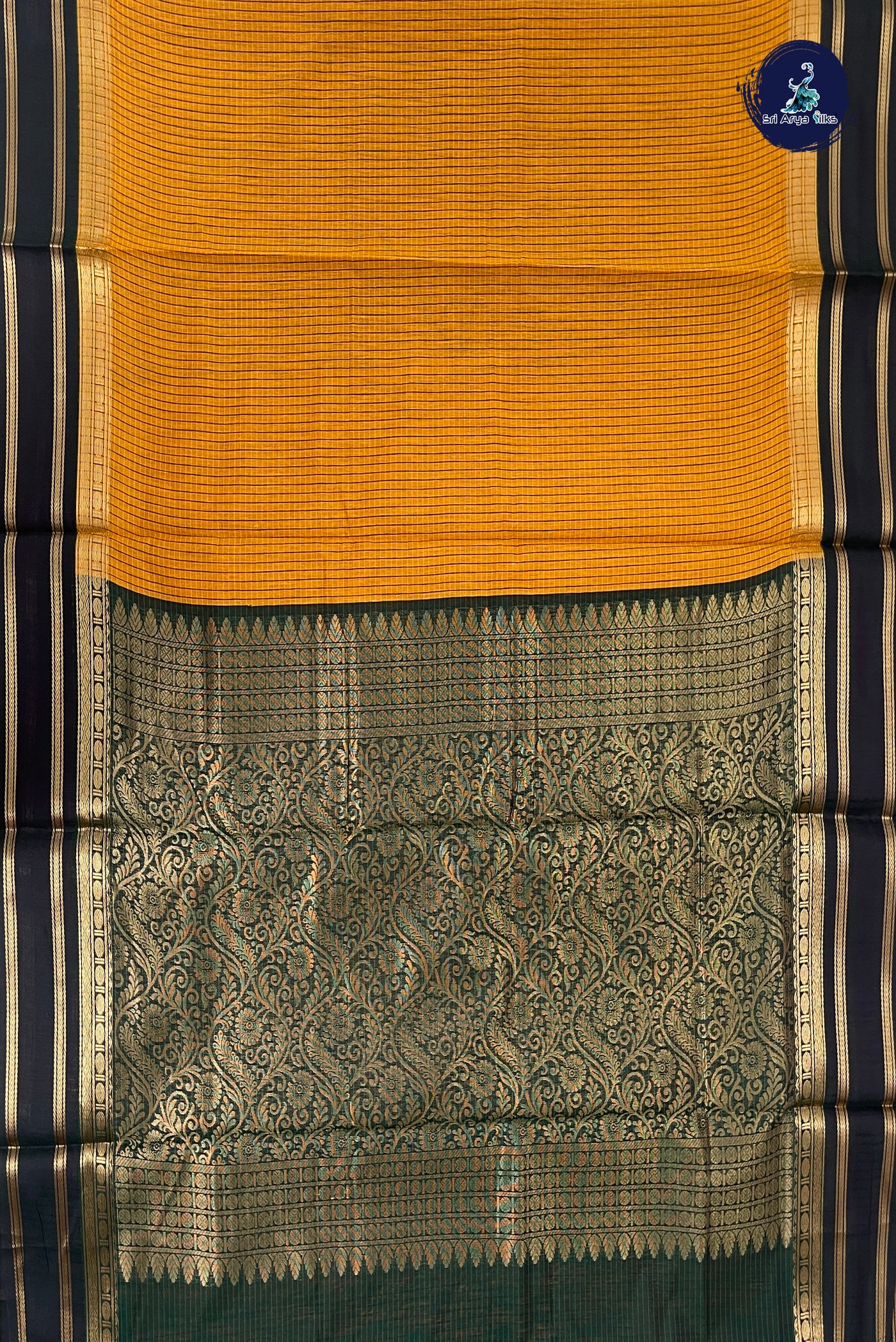 Mustard Yellow Madisar Semi Silk Cotton Saree With Checked Pattern
