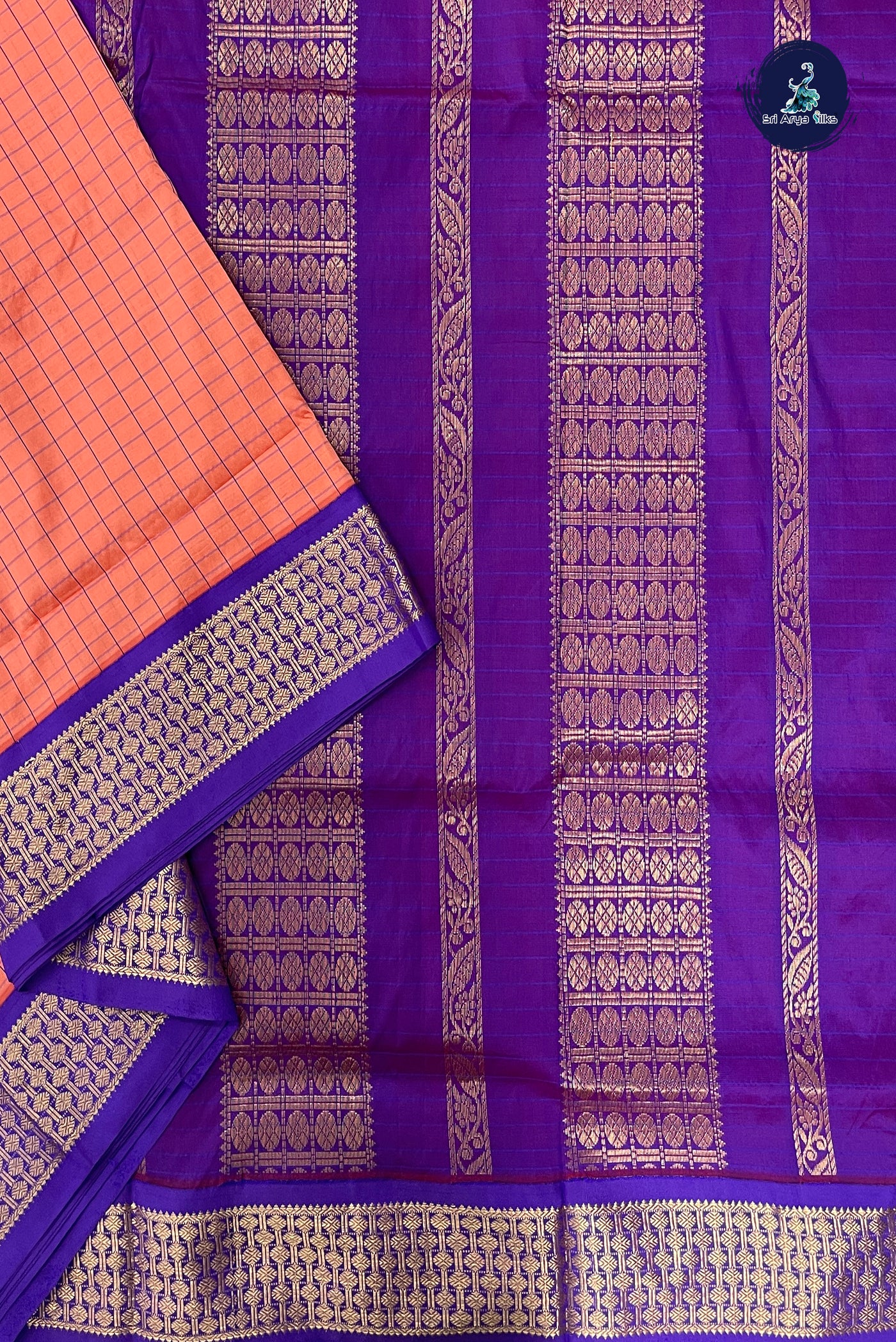 Peach Pink Madisar Semi Silk Saree With Checked Pattern