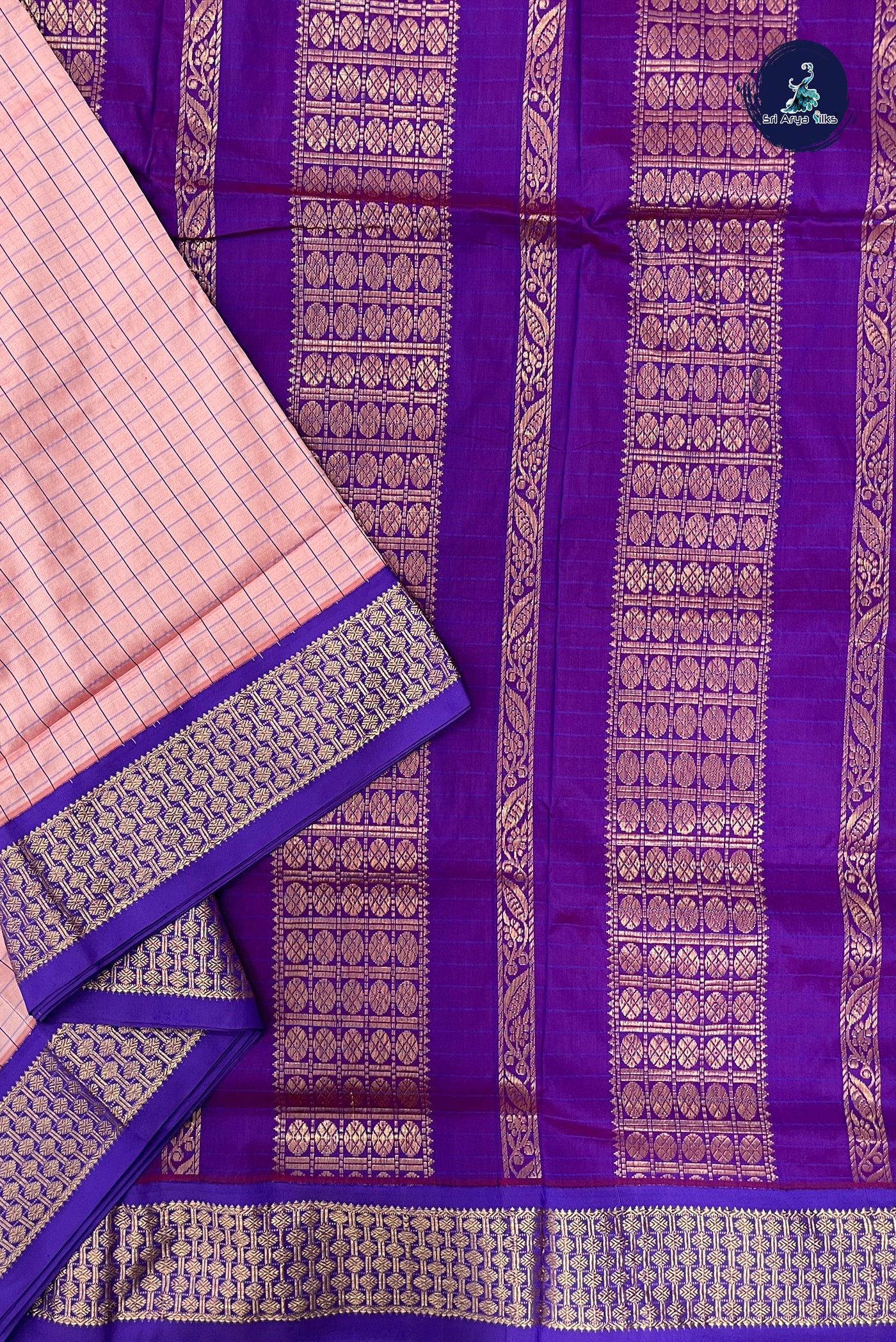 Light Pink Madisar Semi Silk Saree With Checked Pattern