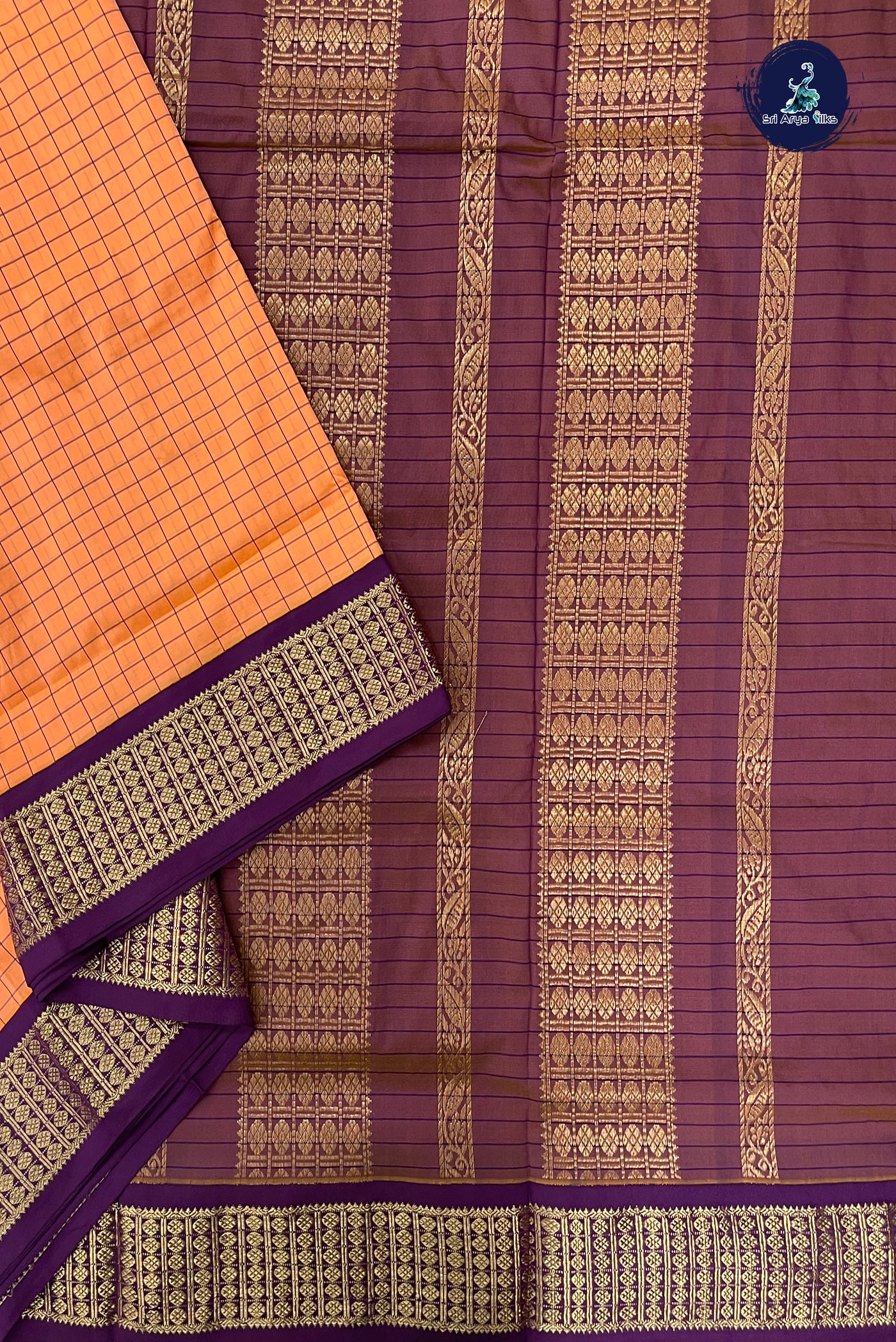 Peach Madisar Semi Silk Saree With Checked Pattern