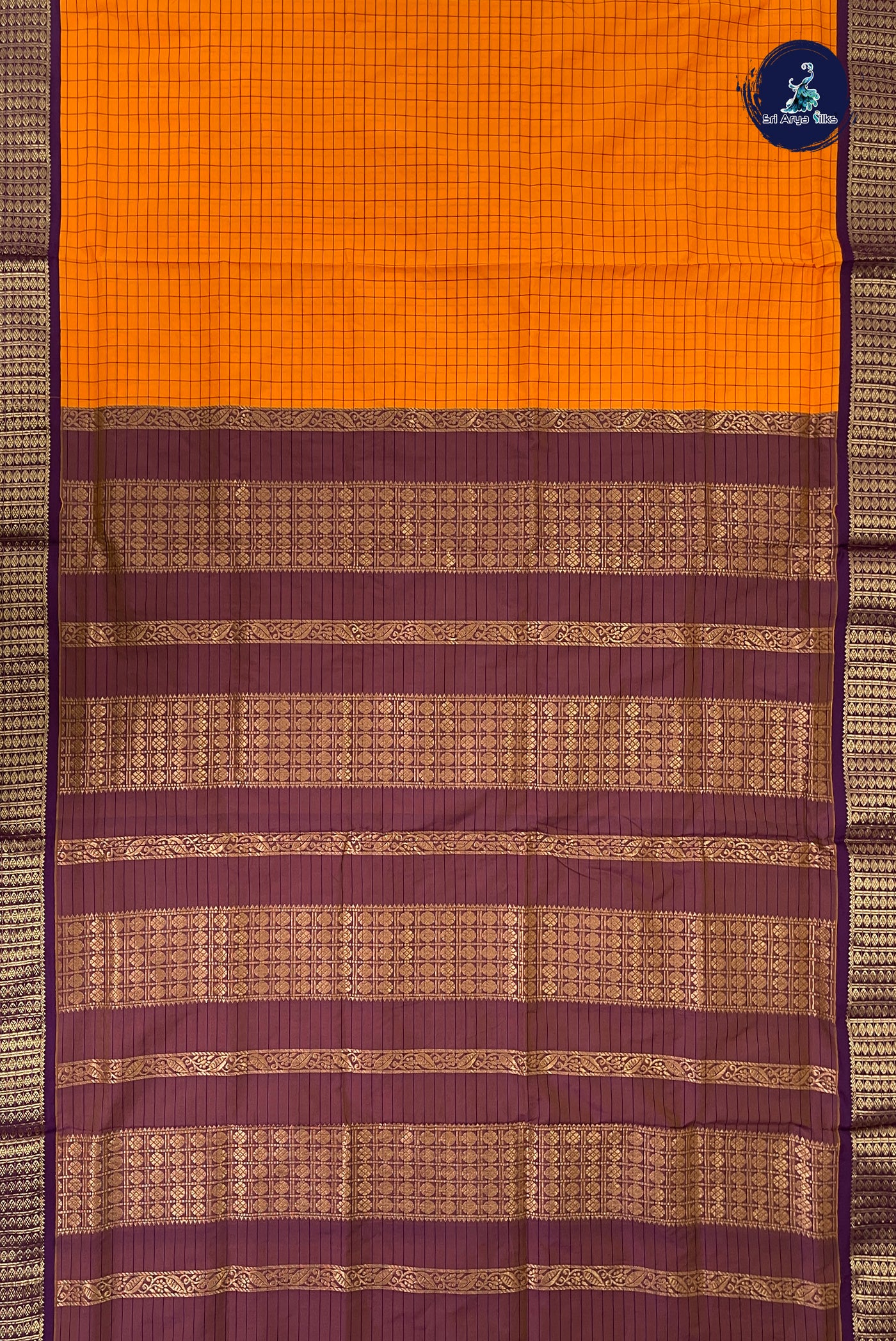 Yellowish Orange Madisar Semi Silk Saree With Checked Pattern