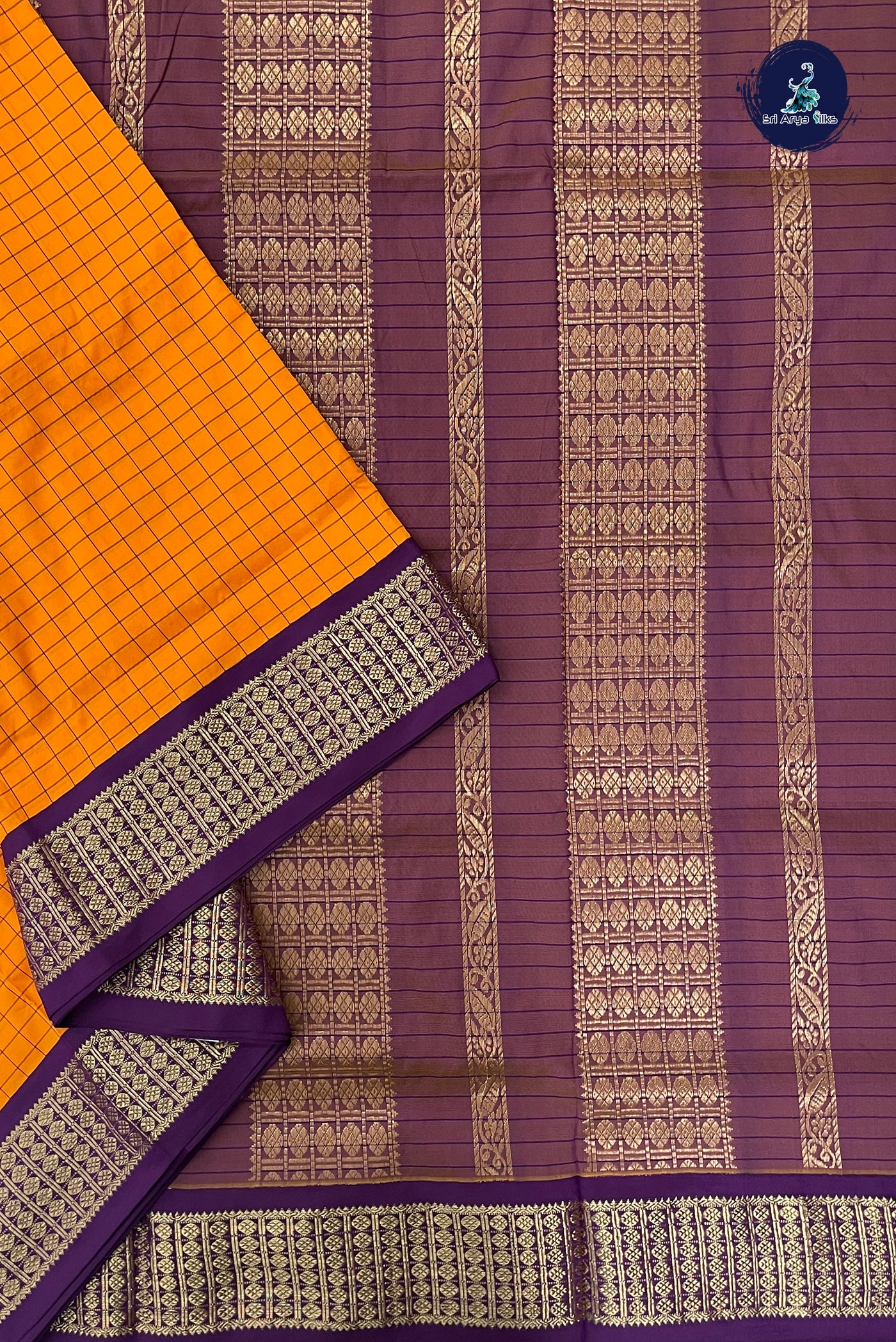 Yellowish Orange Madisar Semi Silk Saree With Checked Pattern